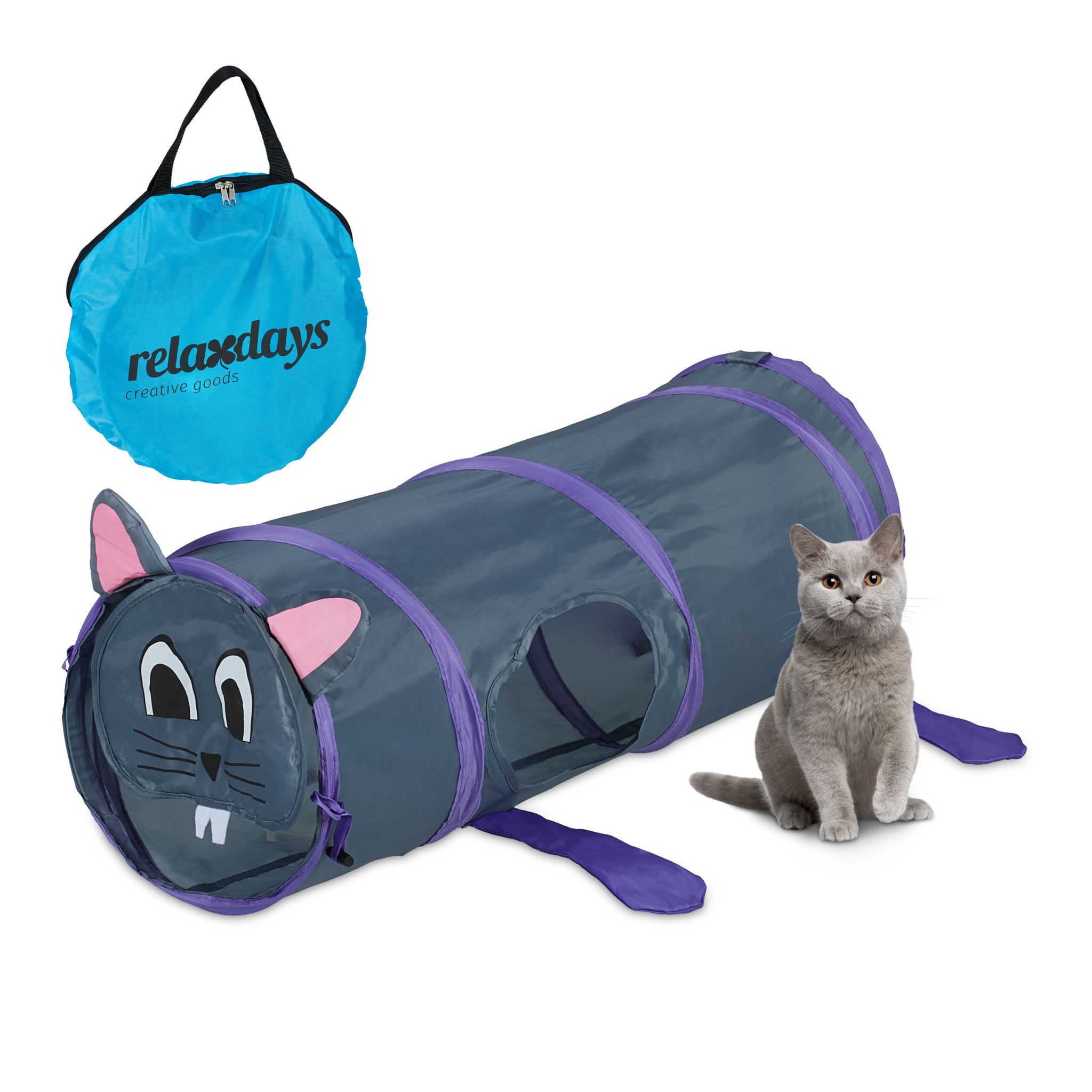 Pop-Up Katzentunnel mit Mausdesign Lila-Grau