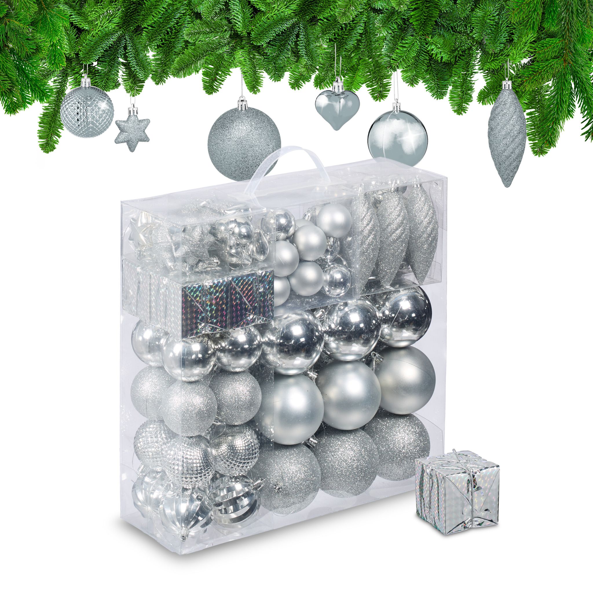 Weihnachtskugeln im 110er-Set Silber
