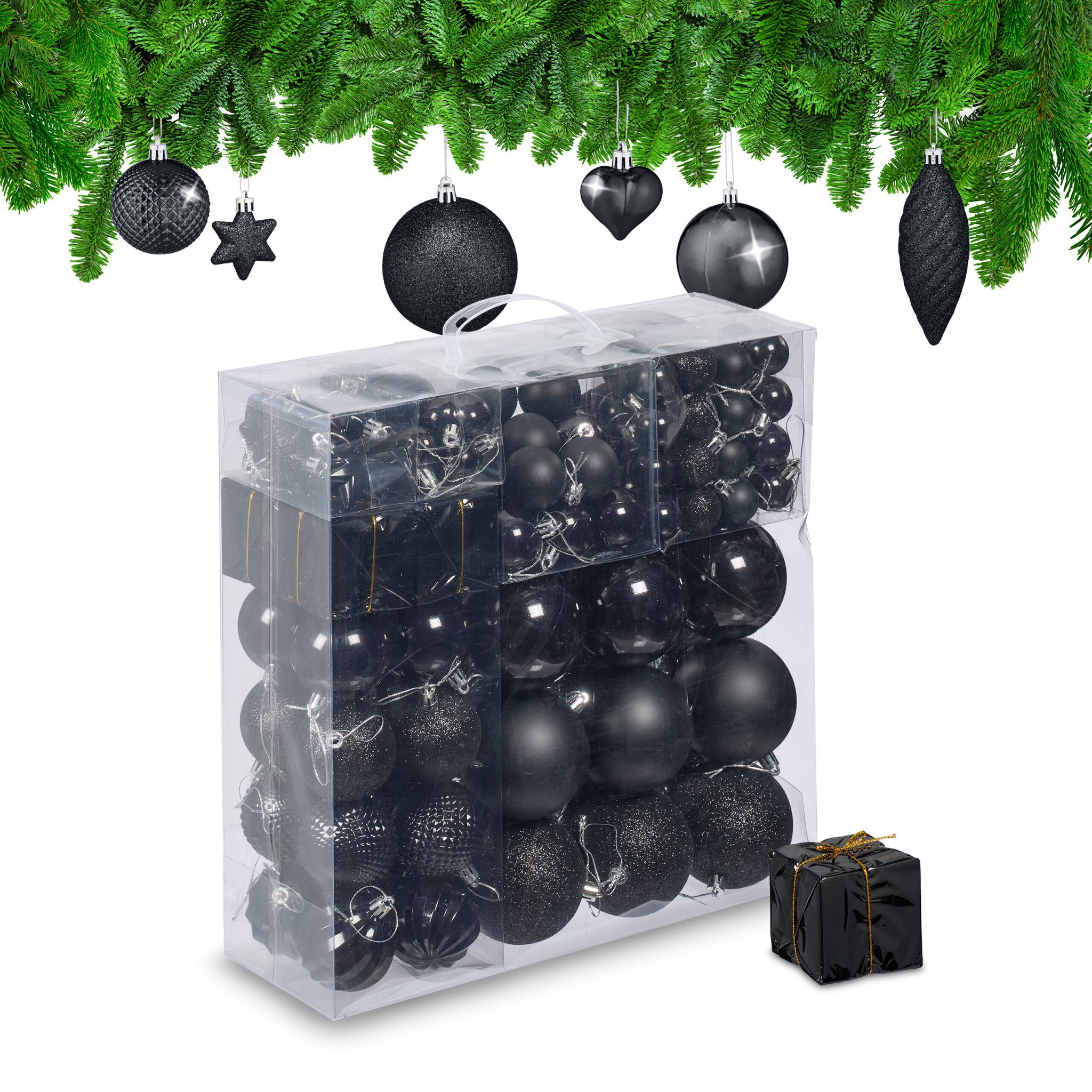 Weihnachtskugeln im 110er-Set Gold-Schwarz-Silber