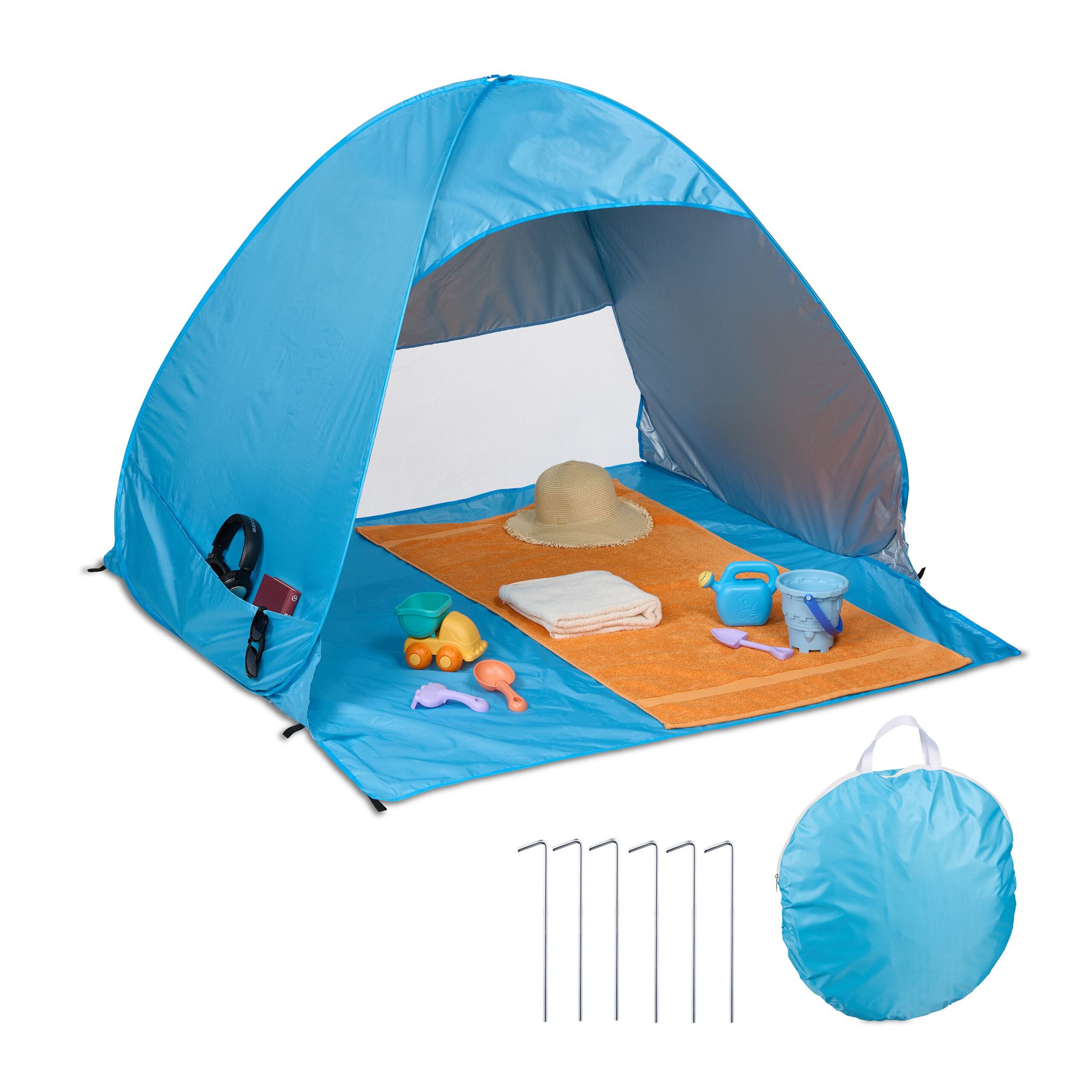 Strandmuschel Pop up Weiss-Hellblau-Schwarz