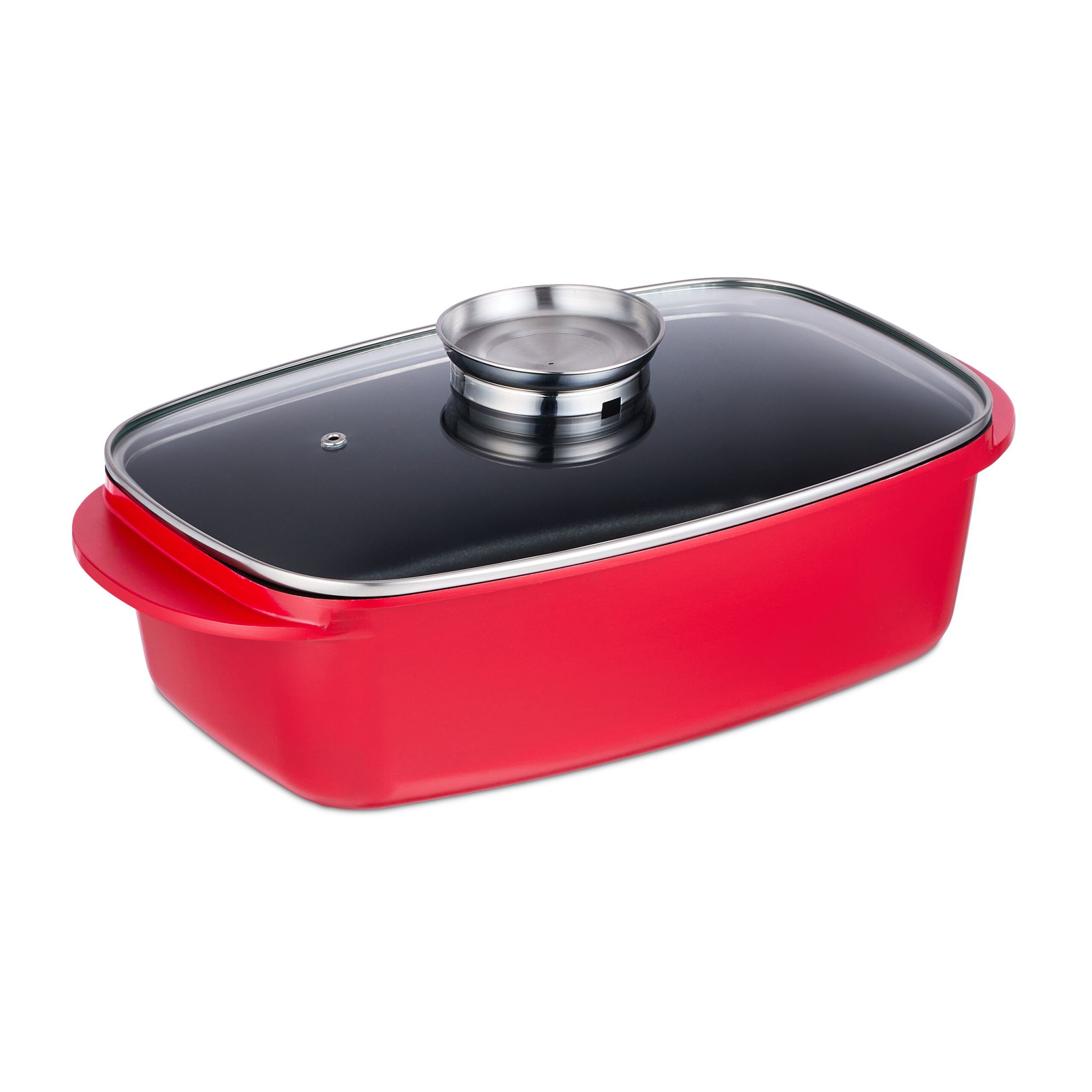 Bräter mit Deckel und Aromaknopf Rot-Silber-Transparent
