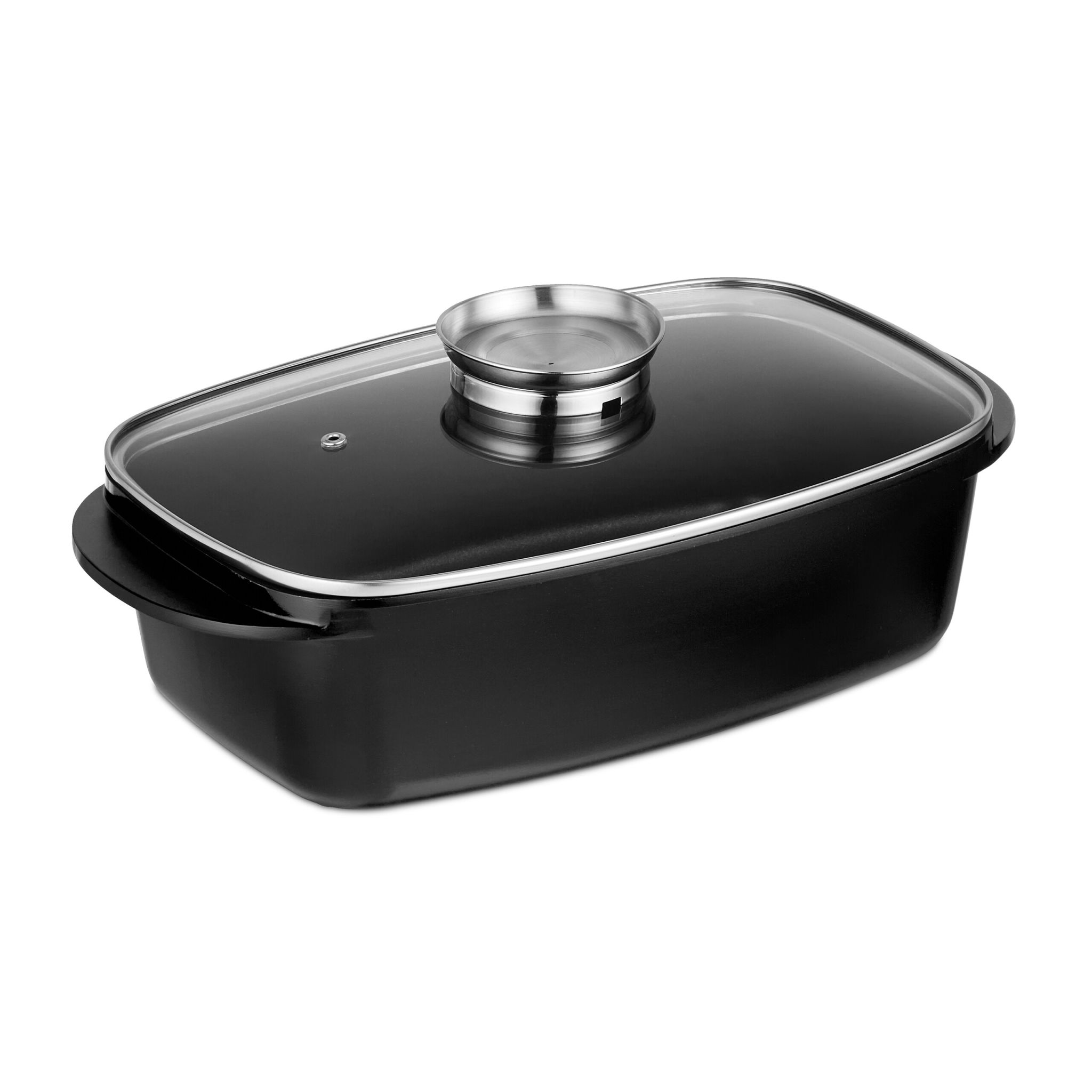 Bräter mit Deckel und Aromaknopf Schwarz-Silber-Transparent