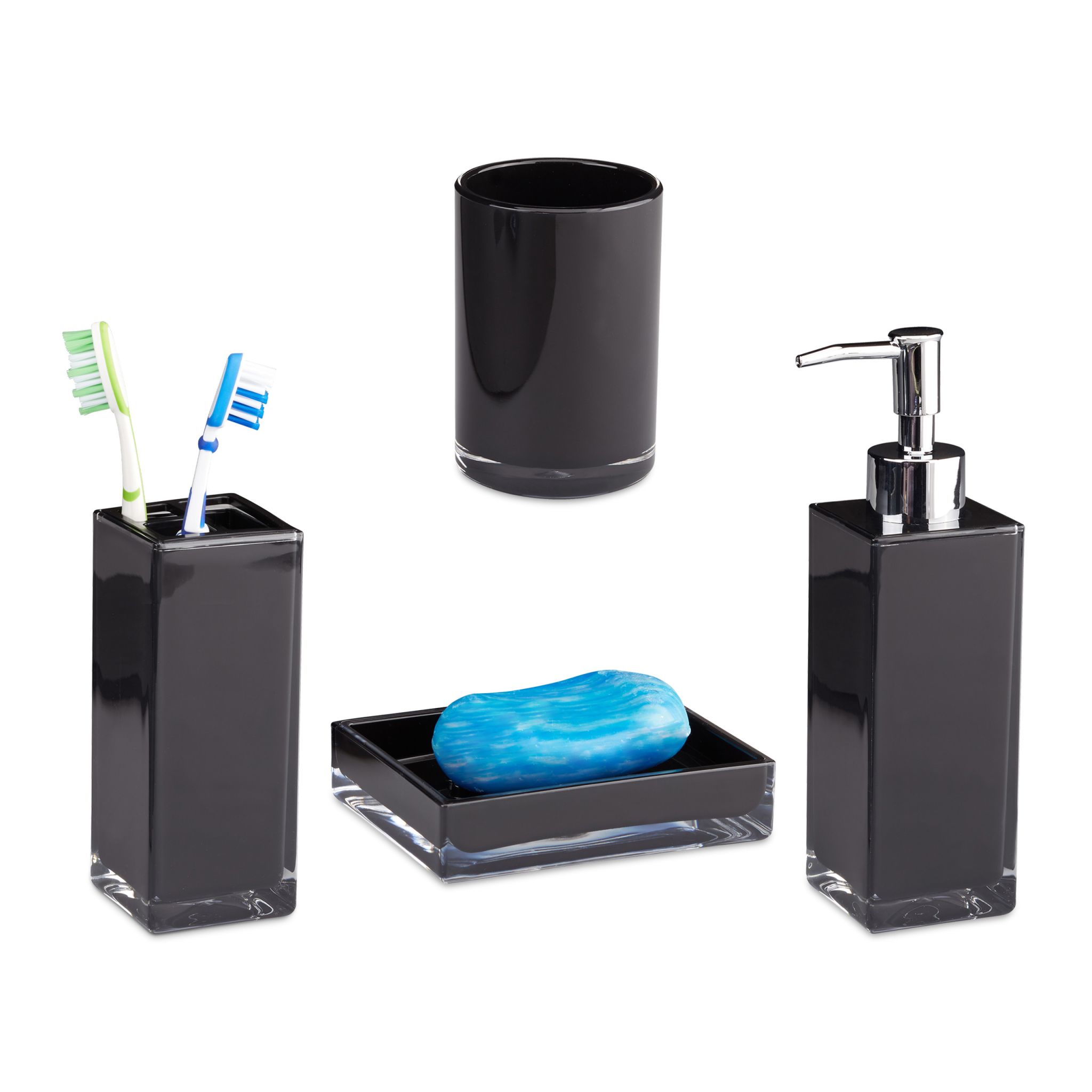 Badaccessoires Set 4-teilig Schwarz-Silber-Transparent