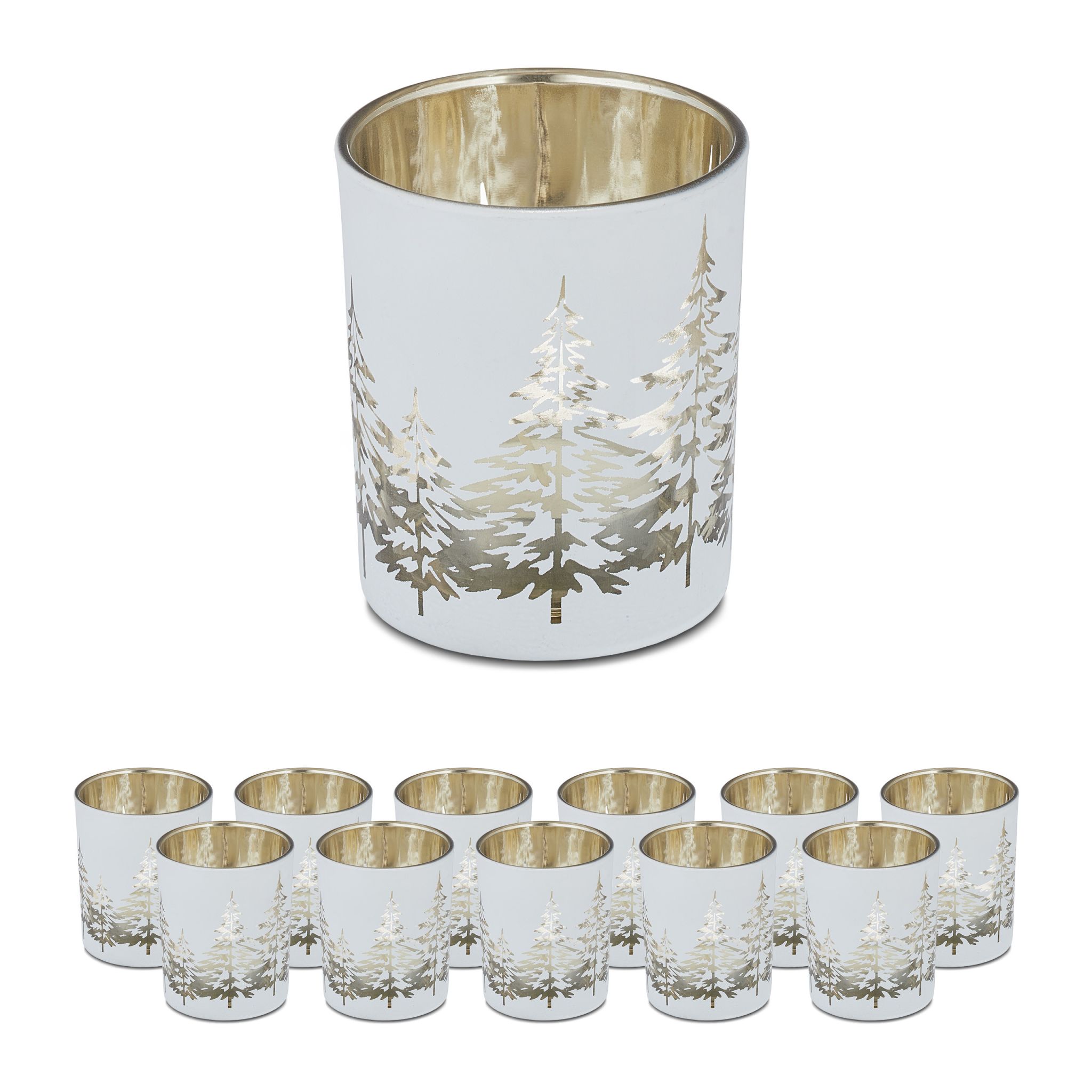 Teelichthalter Tannenbaum 12er-Set Weiss-Gold