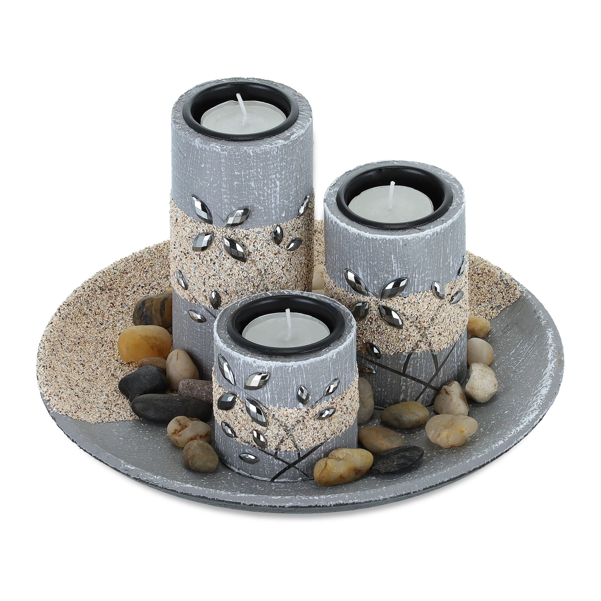 Teelichthalter-Set mit Dekoschale Beige-Schwarz-Grau