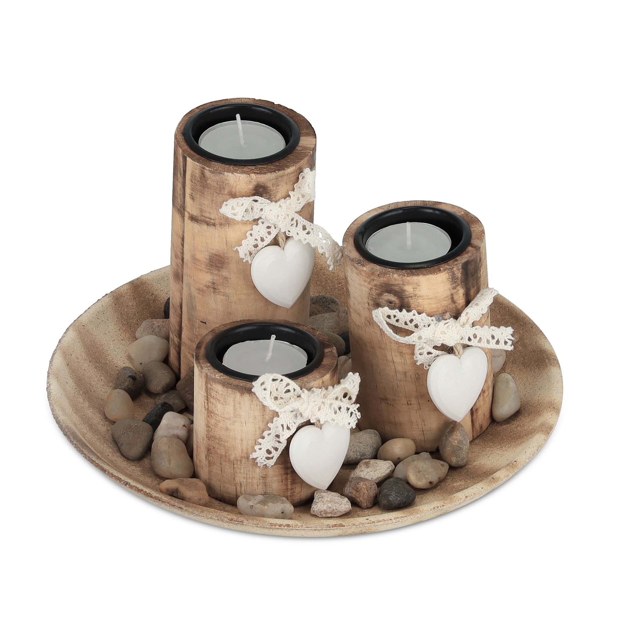 Teelichthalter-Set mit Dekoschale Weiss-Hellbraun