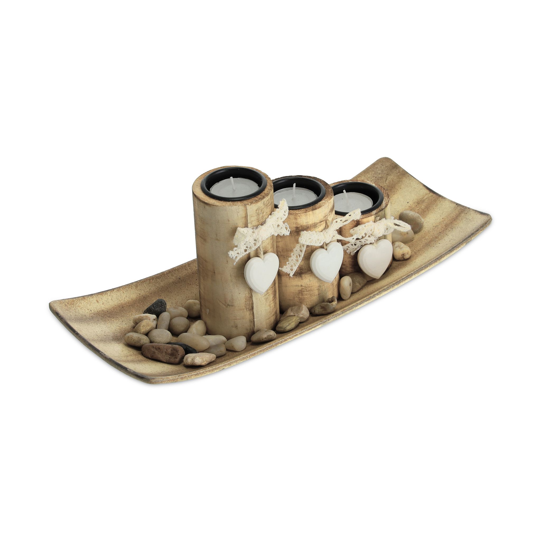 Teelichthalter Herz mit Tablett Weiss-Hellbraun