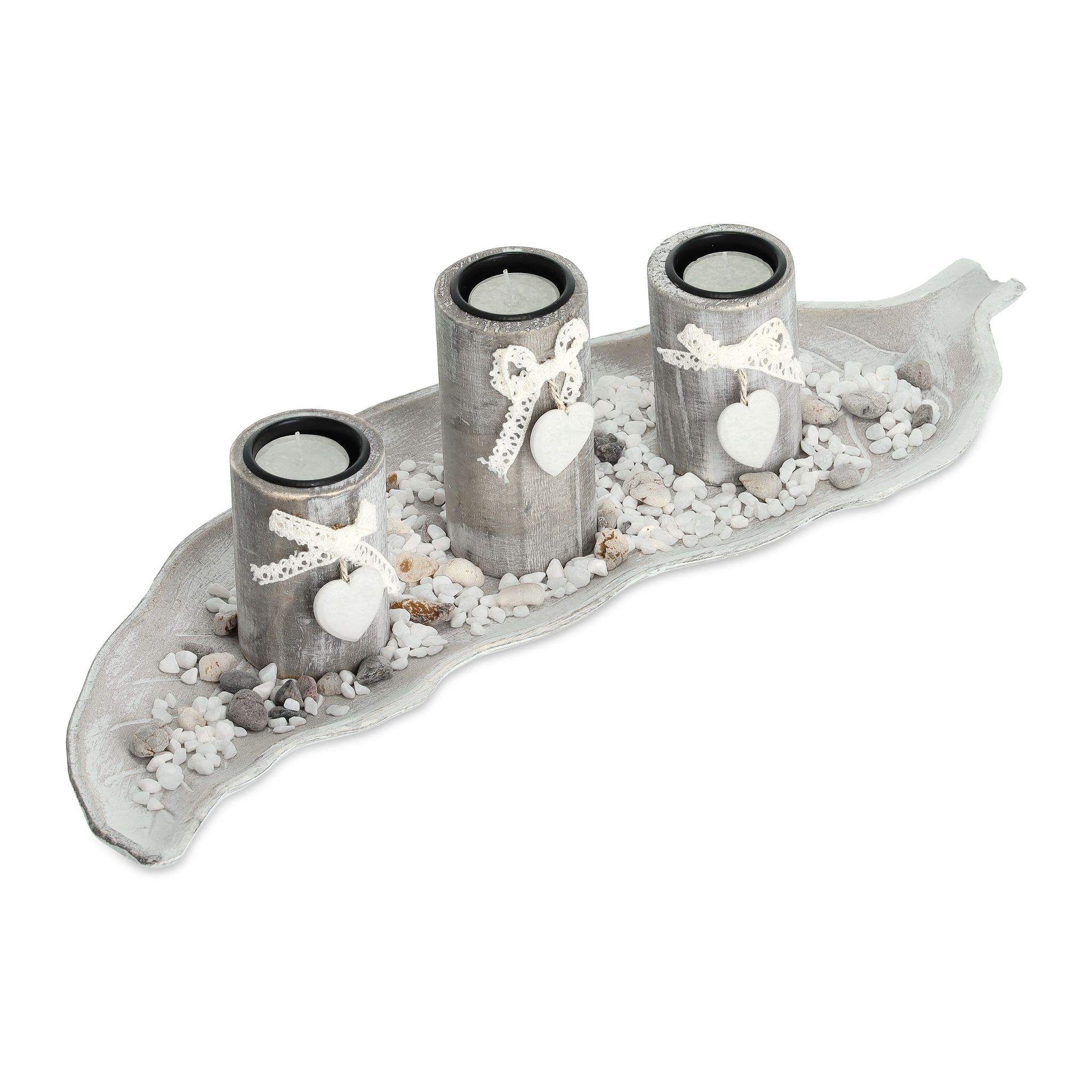 Teelichthalter mit Tablett in Blattform Beige-Weiss