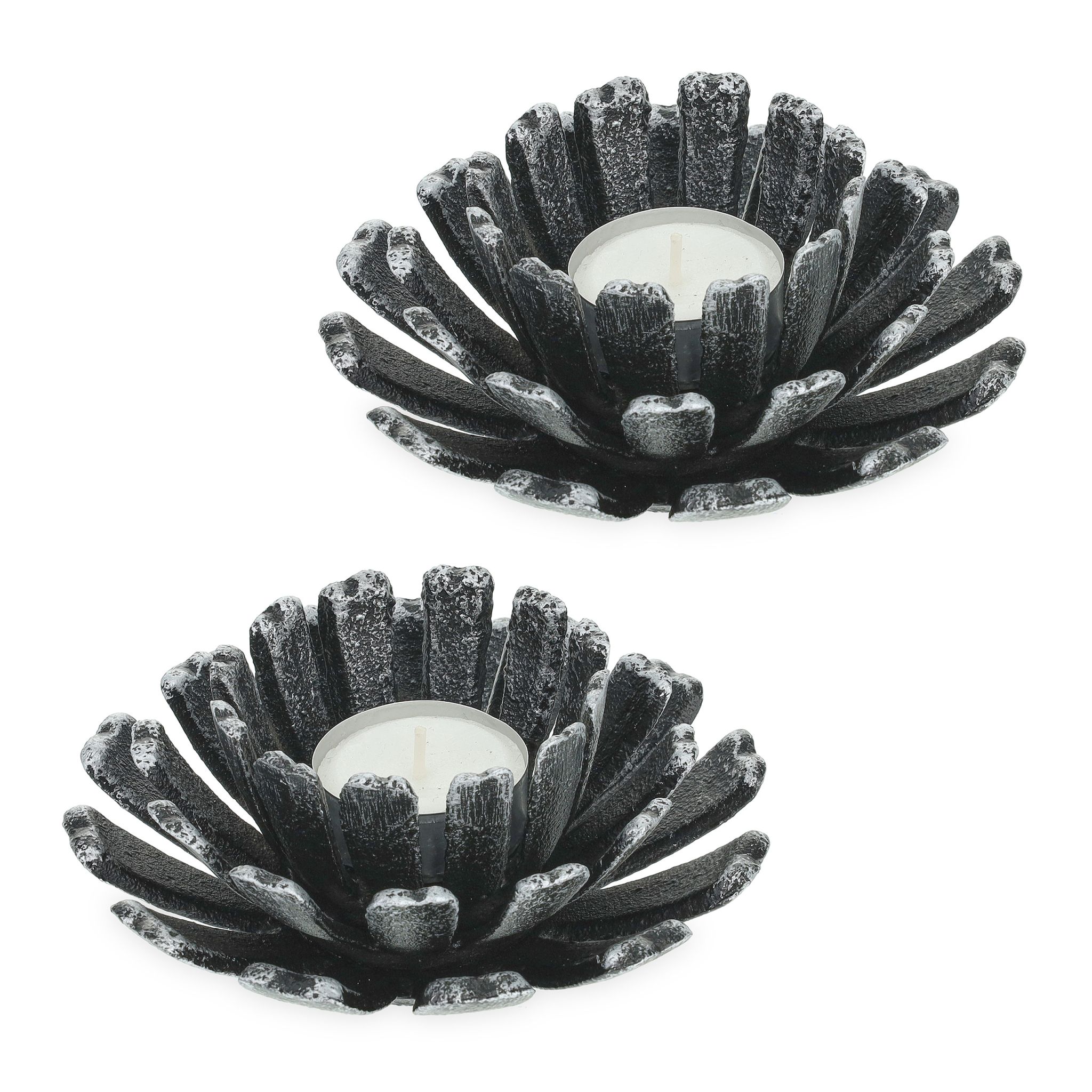 Teelichthalter Blumenform 2er-Set Schwarz-Silber