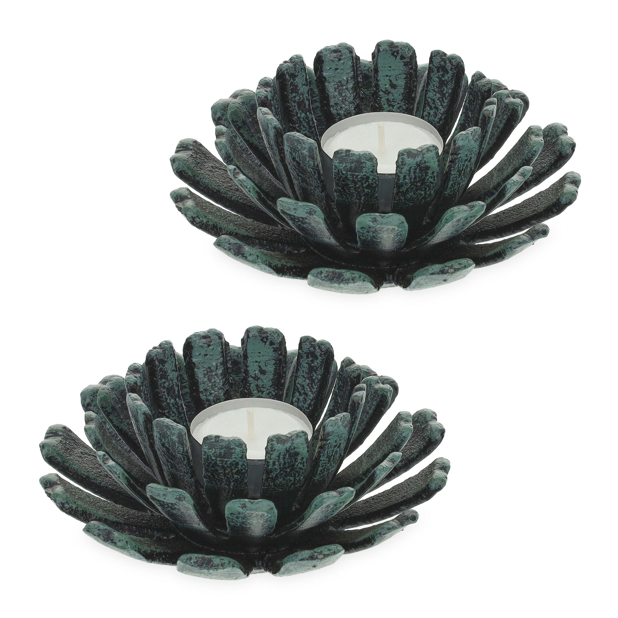Teelichthalter Blumenform 2er-Set Dunkelgrün-Schwarz