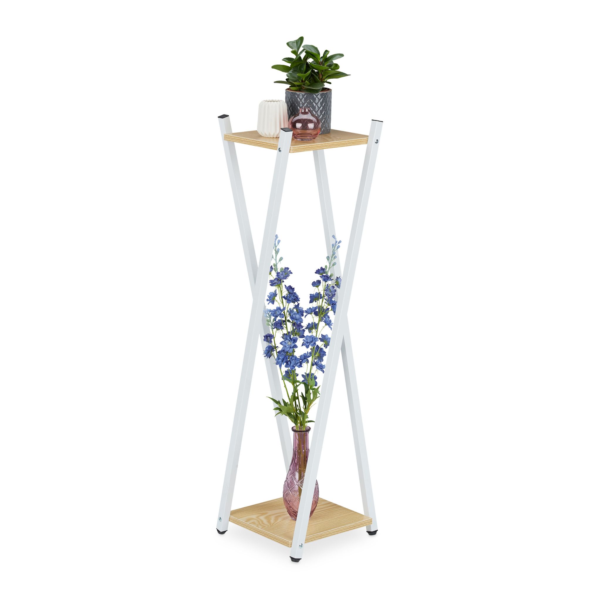 Hoher Blumenständer mit 2 Etagen Weiss-Hellbraun