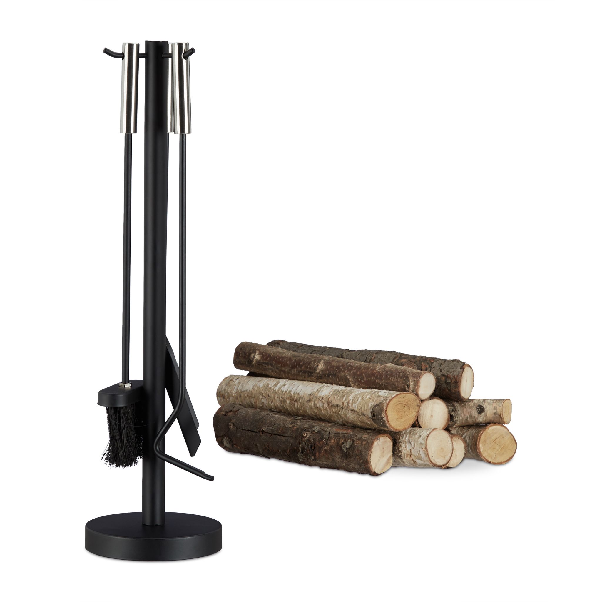 Kaminbesteck modern 4-teilig mit Ständer Schwarz-Silber
