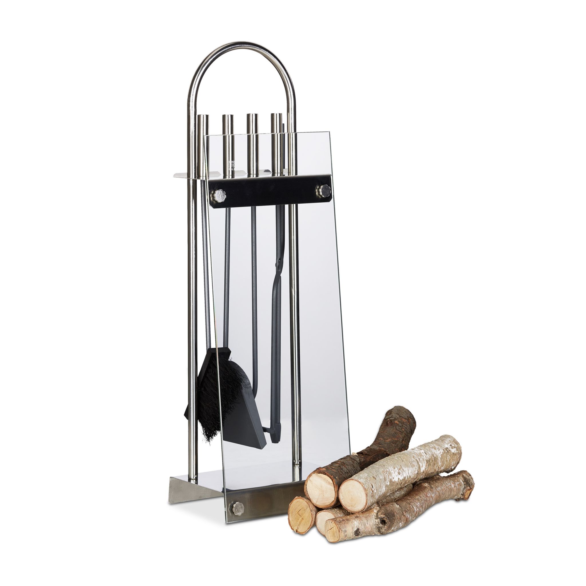 Kaminbesteck Edelstahl modern 5 teilig Schwarz-Silber-Transparent