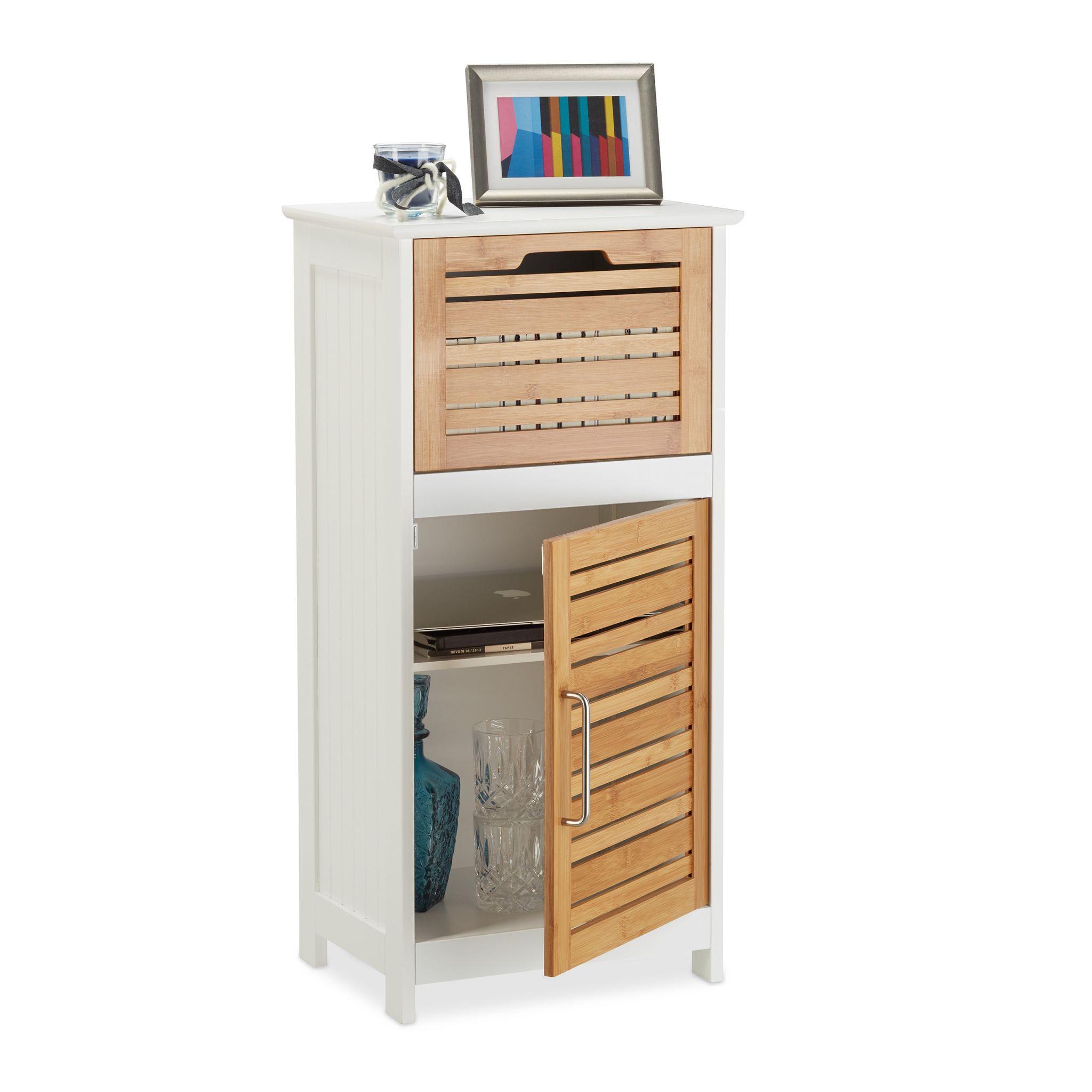Beistellschrank Bambus in Weiss Weiss-Hellbraun