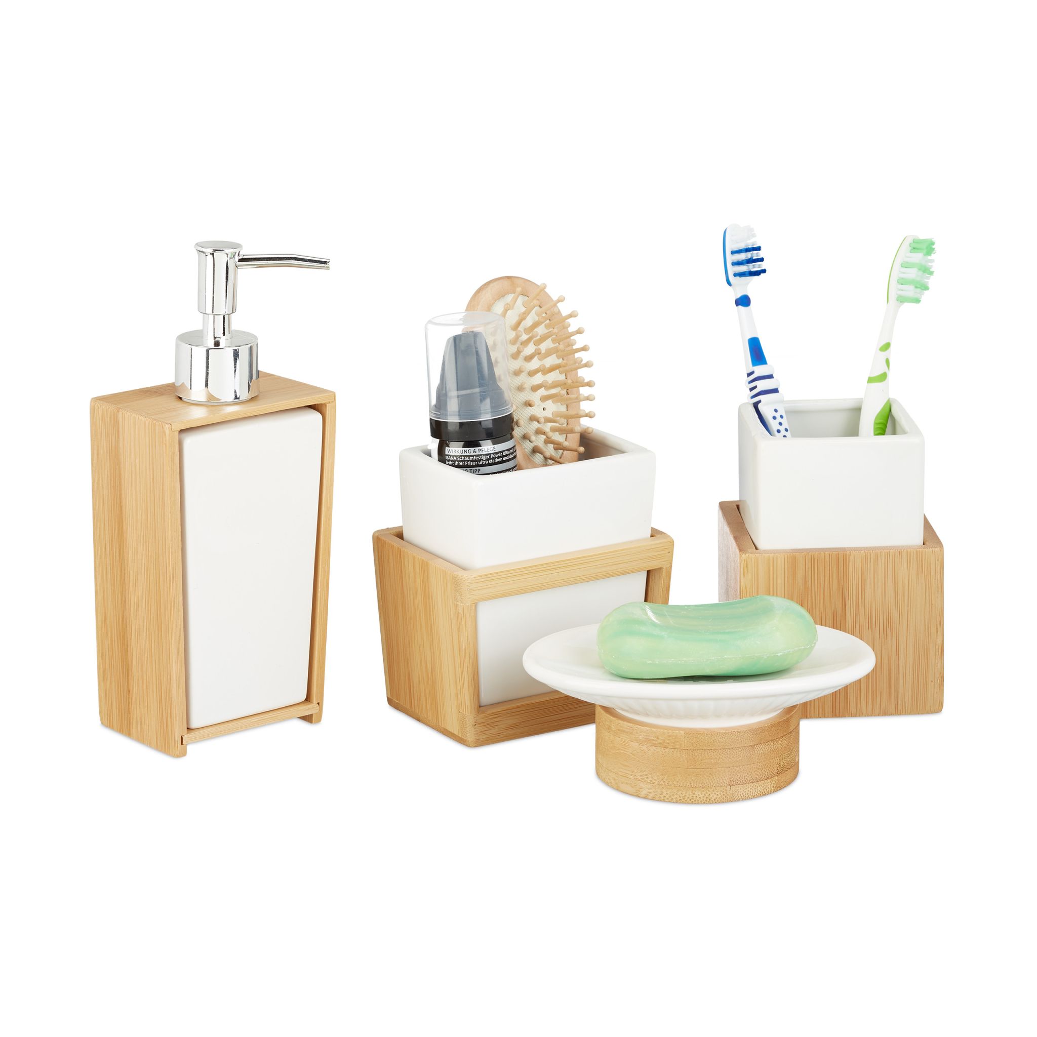 Badezimmer-Set Bambus und Keramik Weiss-Hellbraun-Silber