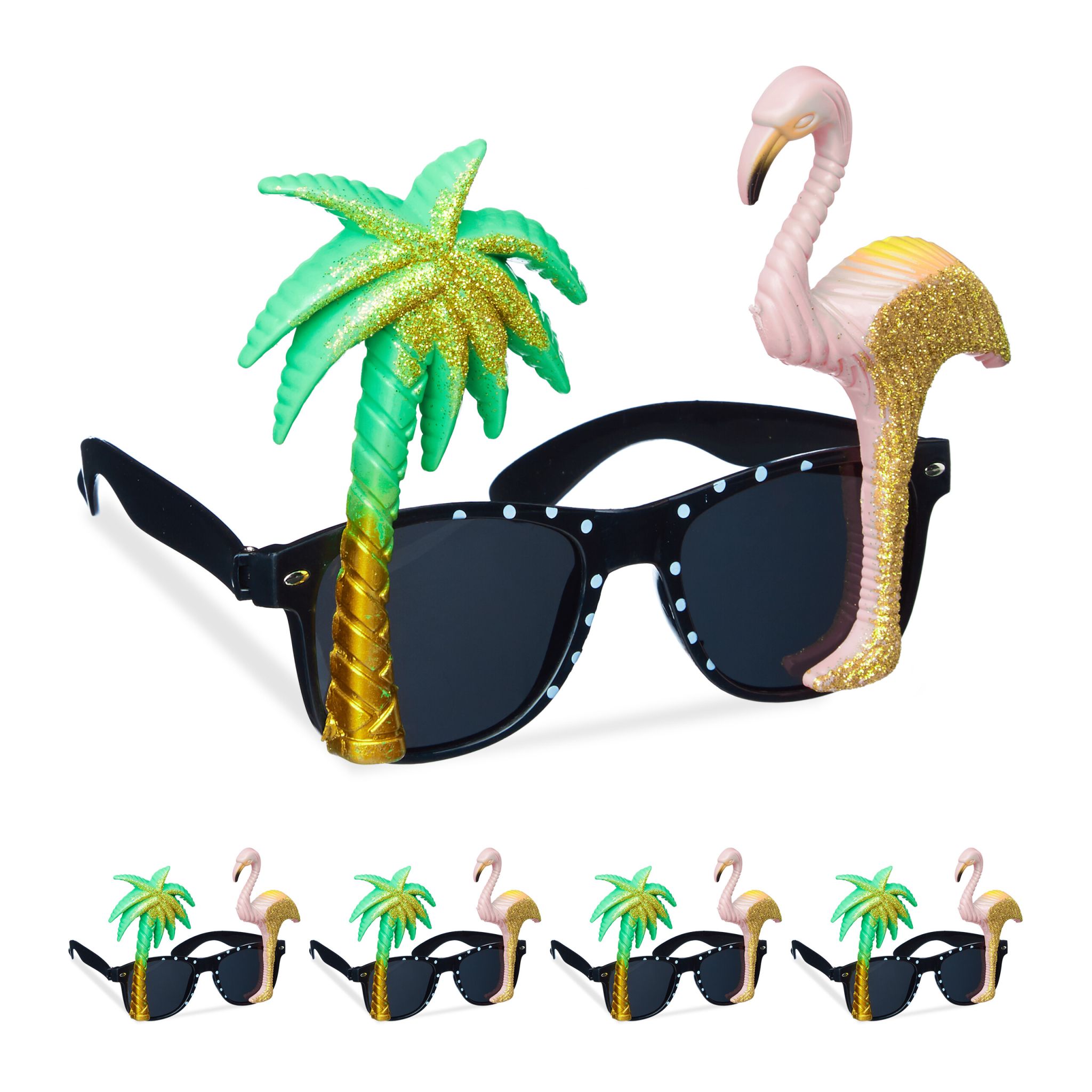 Partybrille Flamingo und Palme 5er-Set  Grün-Rosa-Schwarz