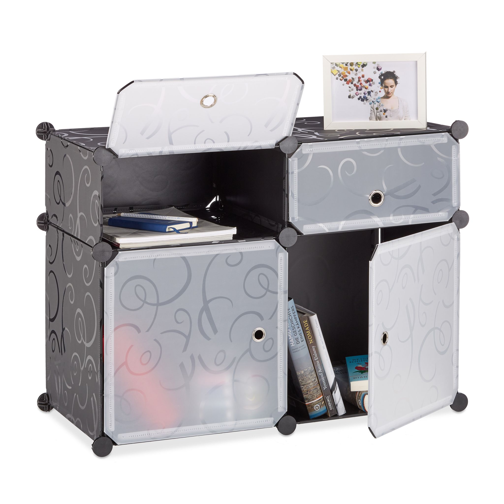 Regalsystem 4 Fächer Schwarz-Silber-Transparent