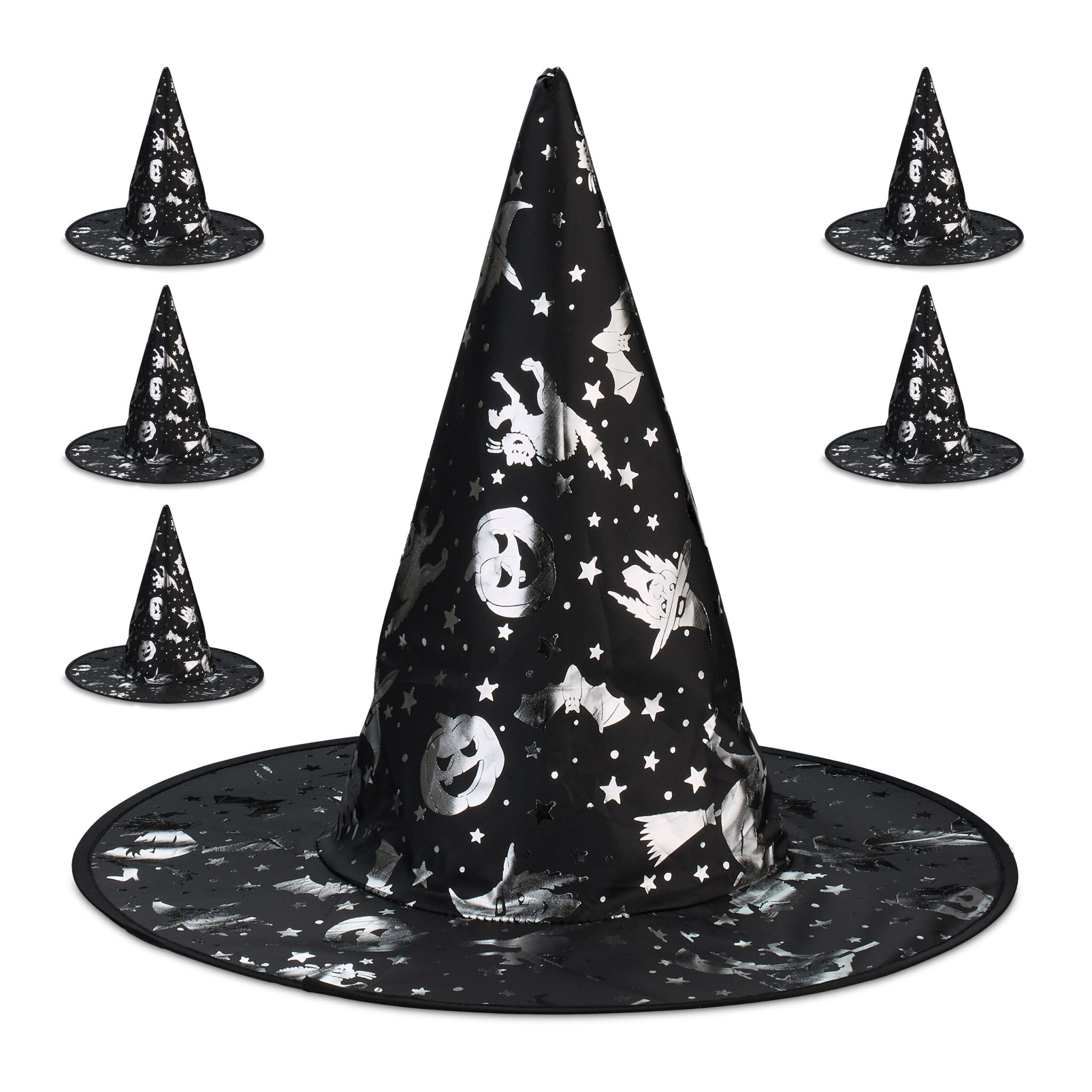Hexenhut mit Halloween-Motiven 6er-Set Schwarz-Silber