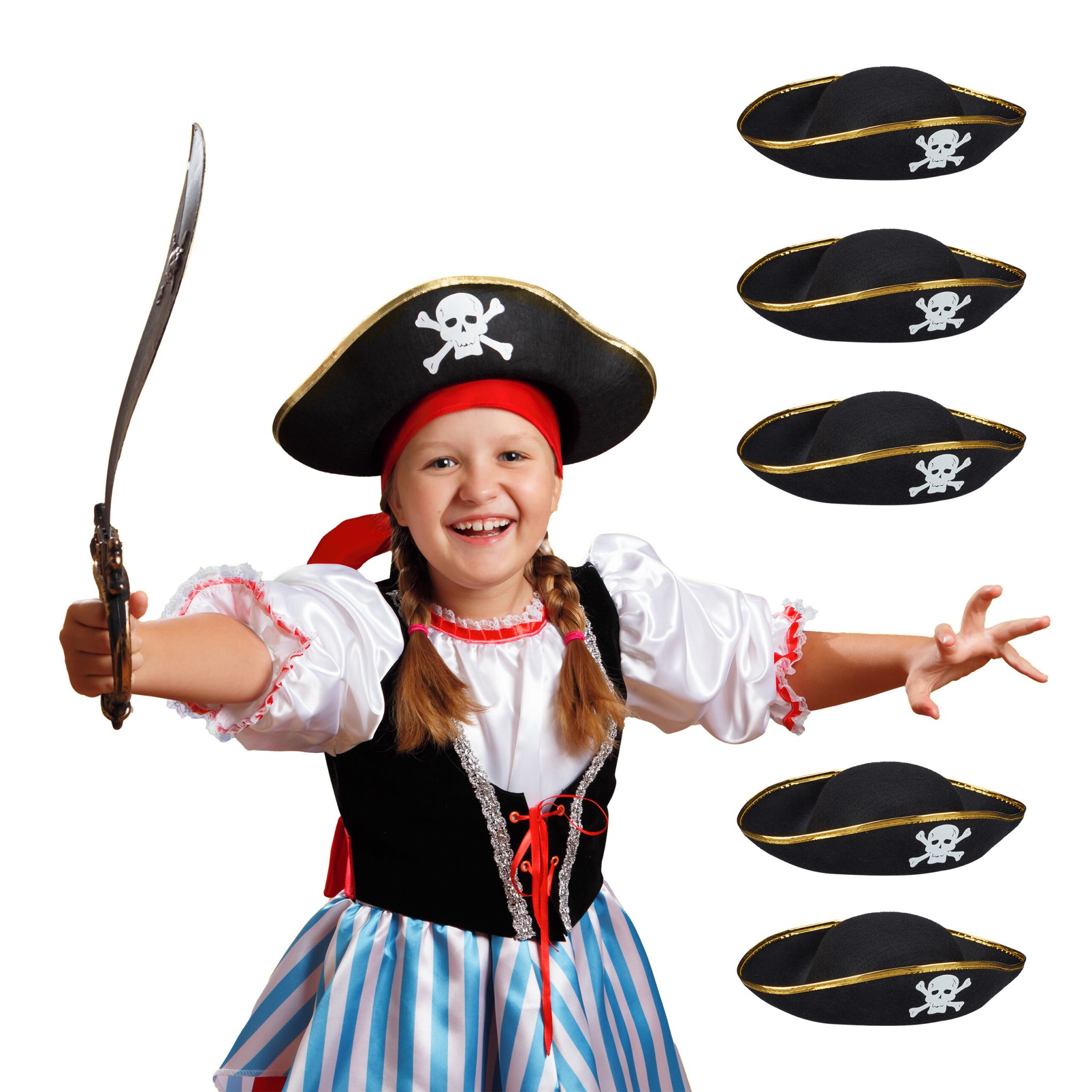 Piratenhut Kinder 6er-Set Weiss-Gold-Schwarz