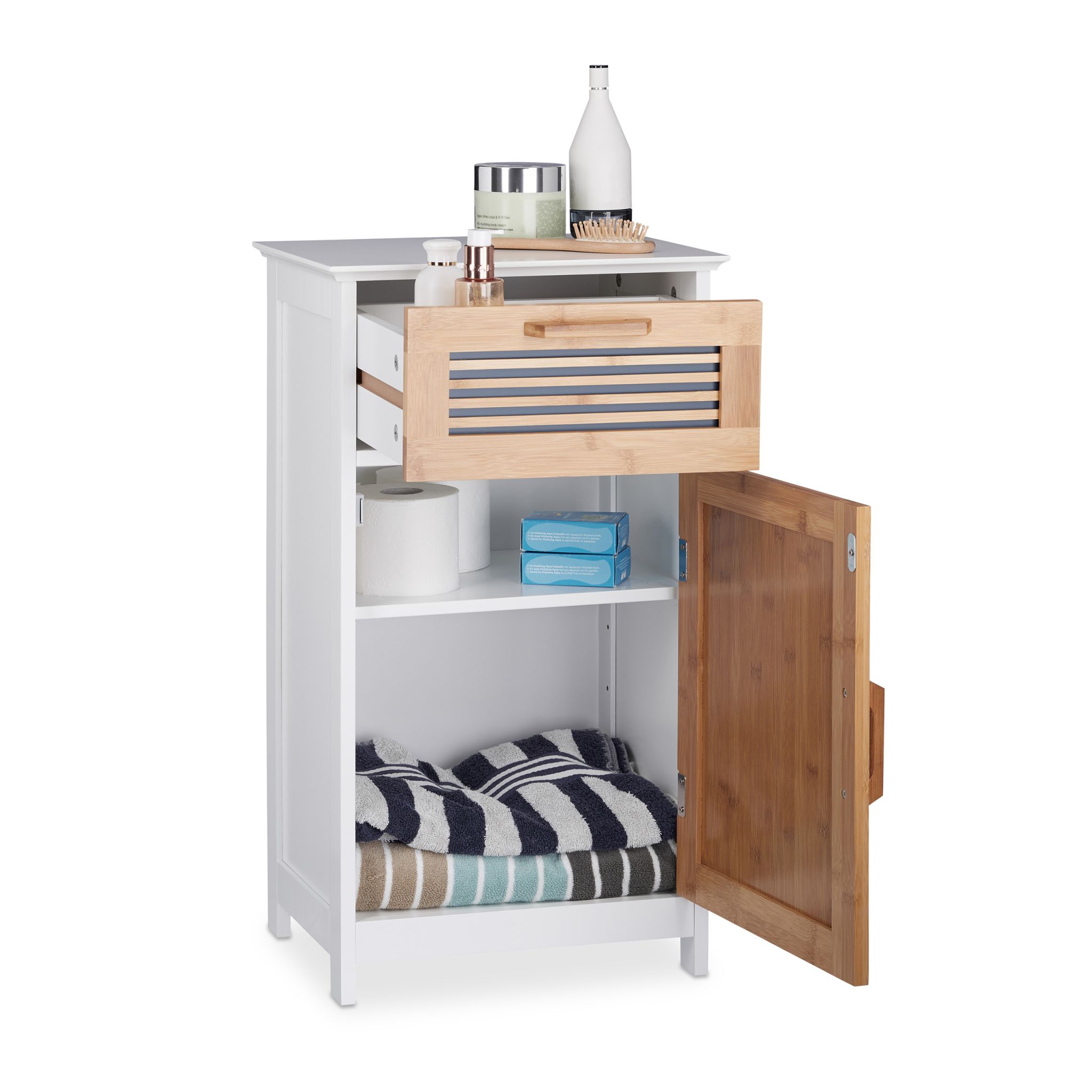 Badschrank schmal mit Schublade Weiss-Hellbraun