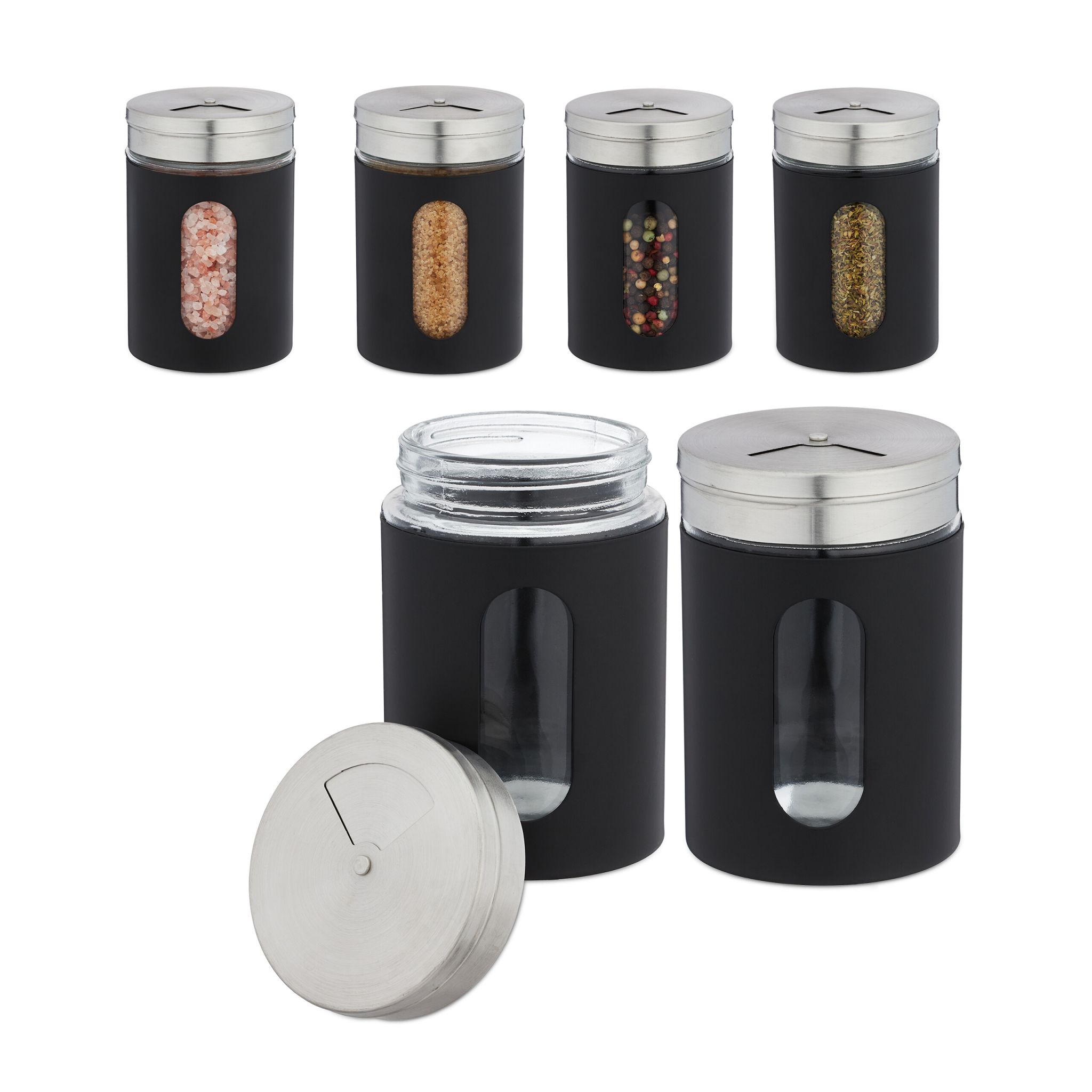 Gewürzstreuer XL 6er-Set Schwarz-Silber-Transparent