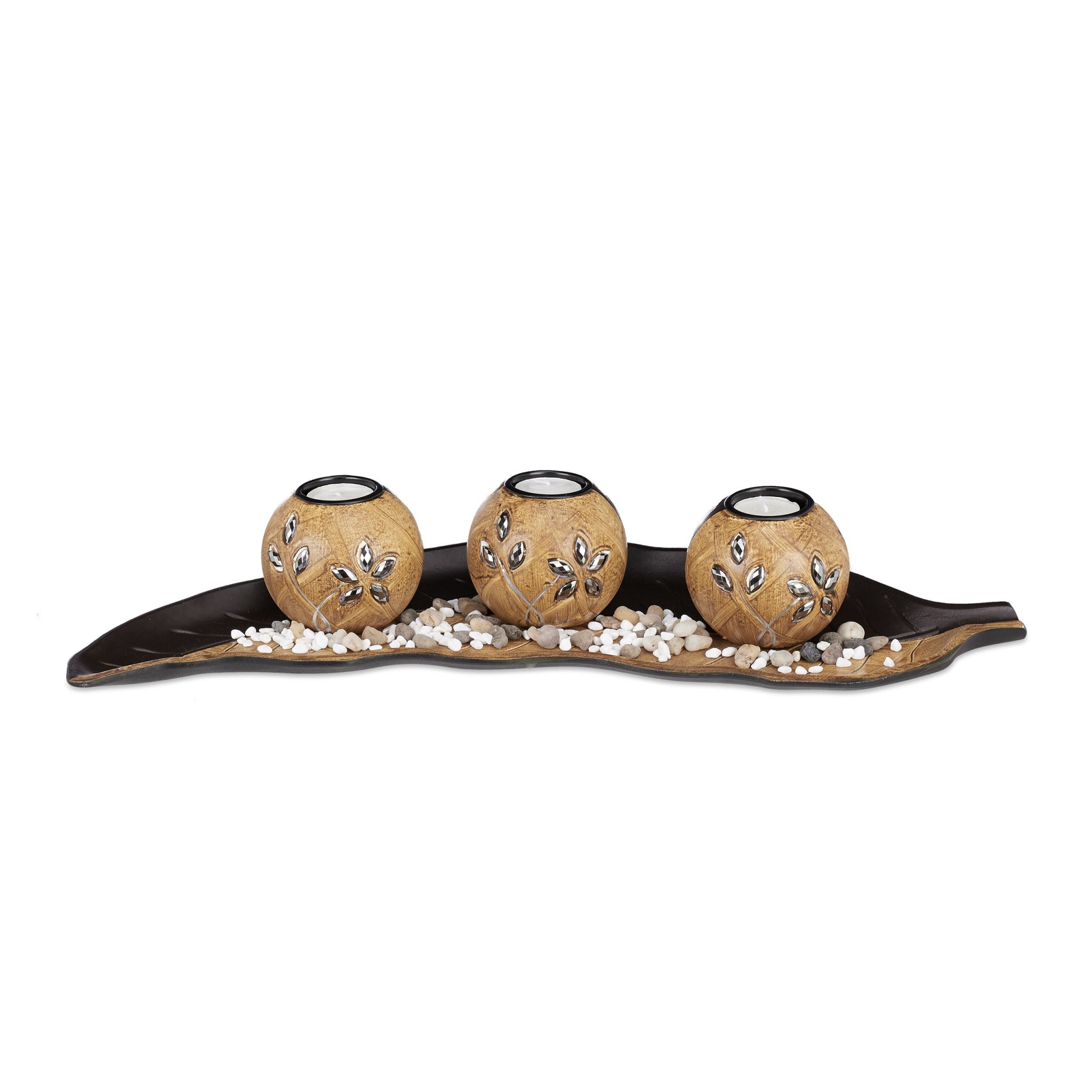 Teelichthalter-Set Blatt Weiss-Hellbraun-Schwarz