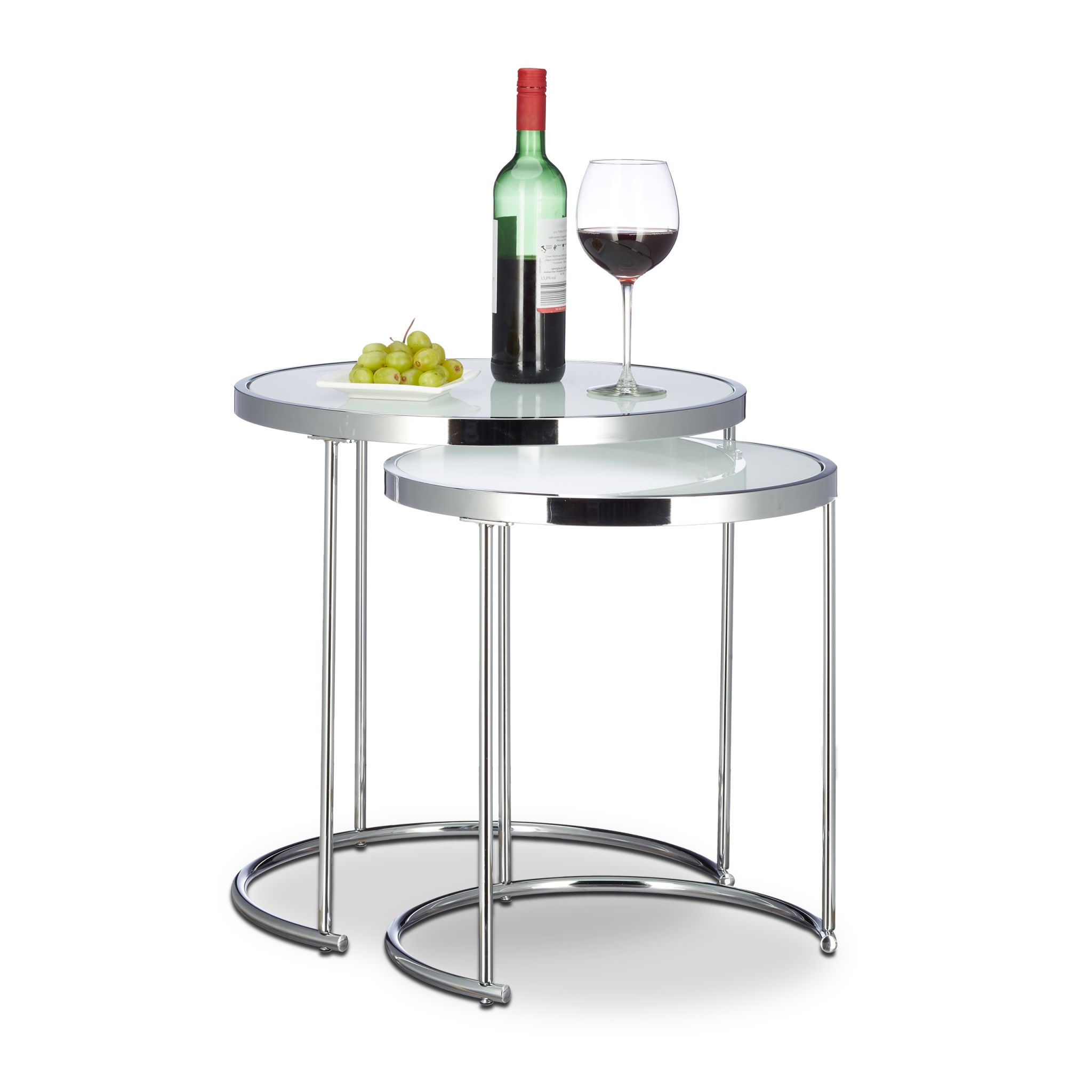 Satztische rund Milchglas Weiss-Silber