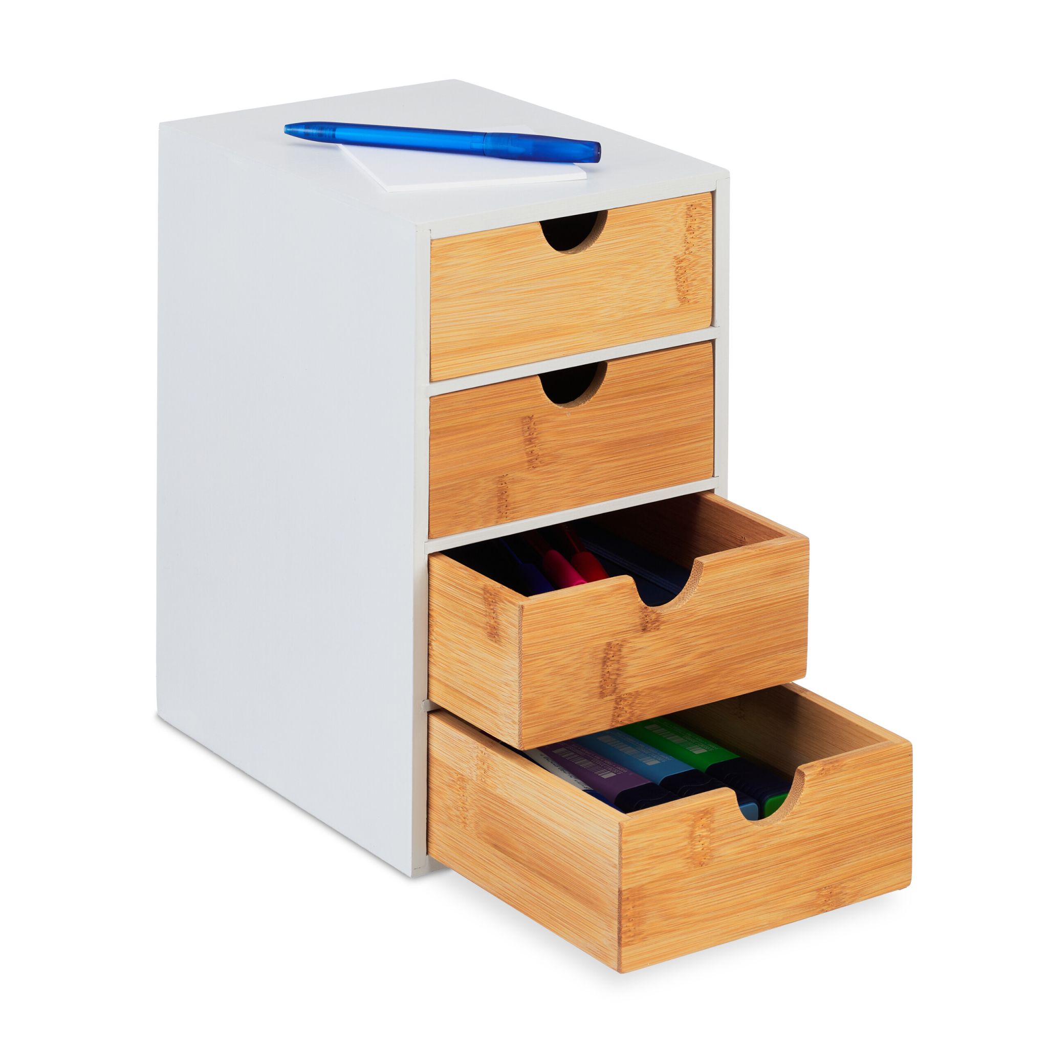 Schubladenbox mit 4 Fächern Weiss-Hellbraun