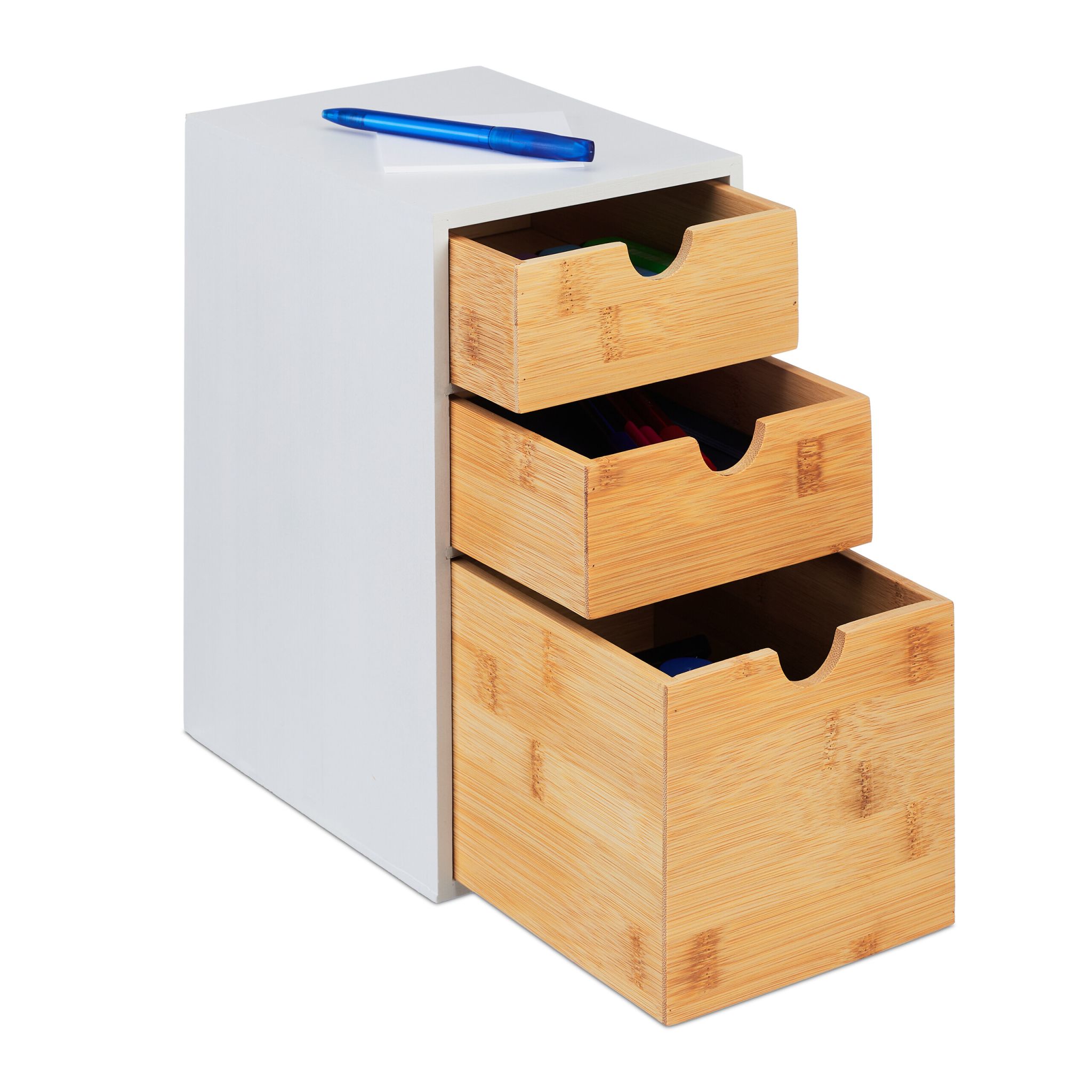Schubladenbox mit 3 Fächern Weiss-Hellbraun