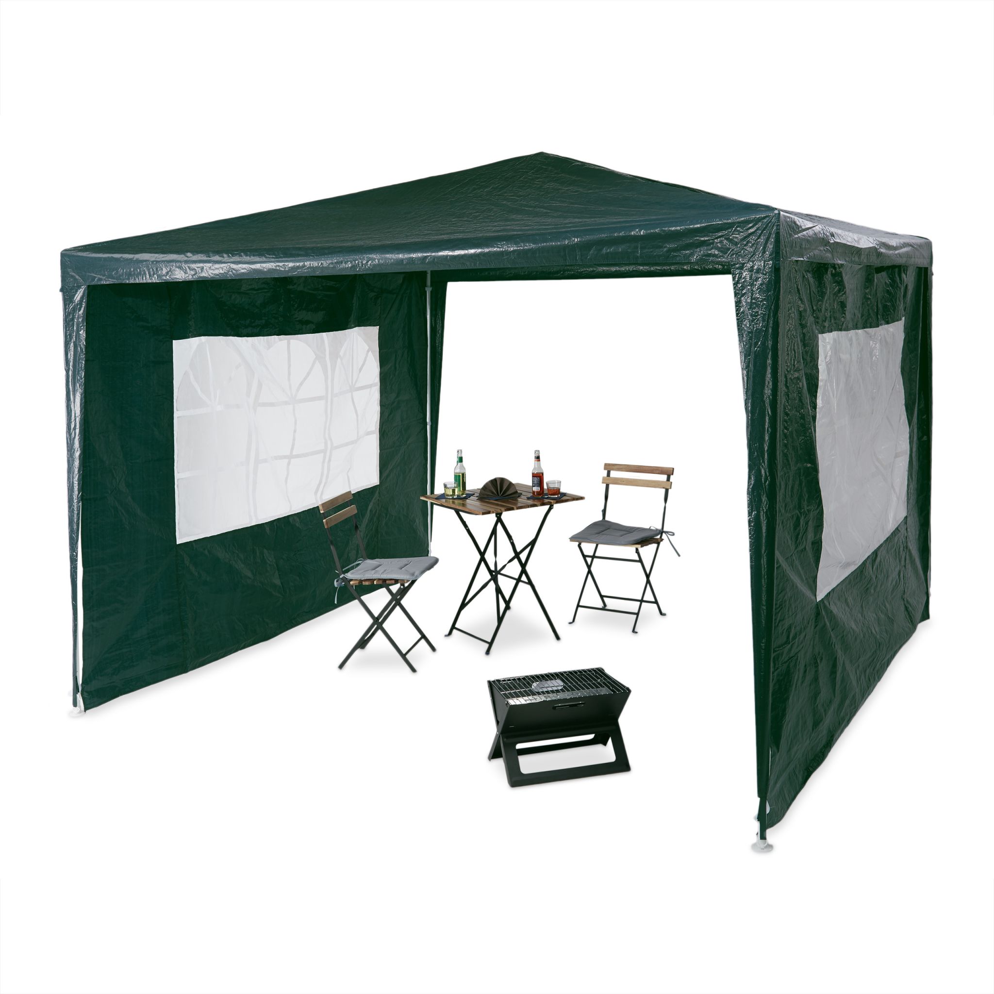 Pavillon 3x3 m mit 2 Seitenteilen Weiss-Dunkelgrün-Transparent