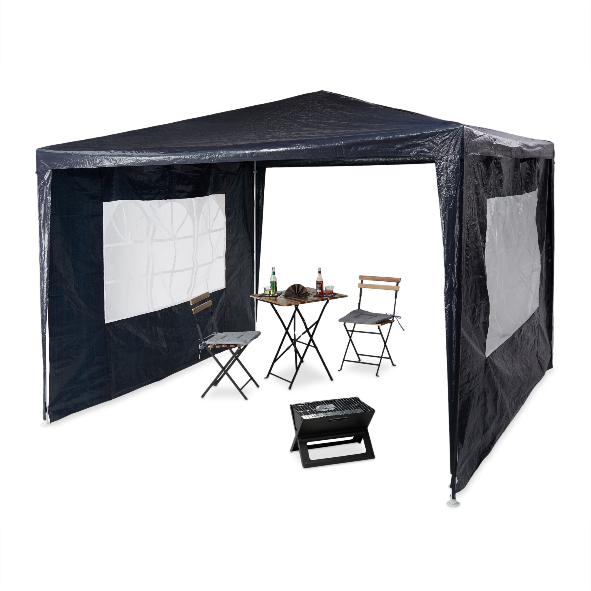 Pavillon 3x3 m mit 2 Seitenteilen Weiss-Dunkelblau-Transparent