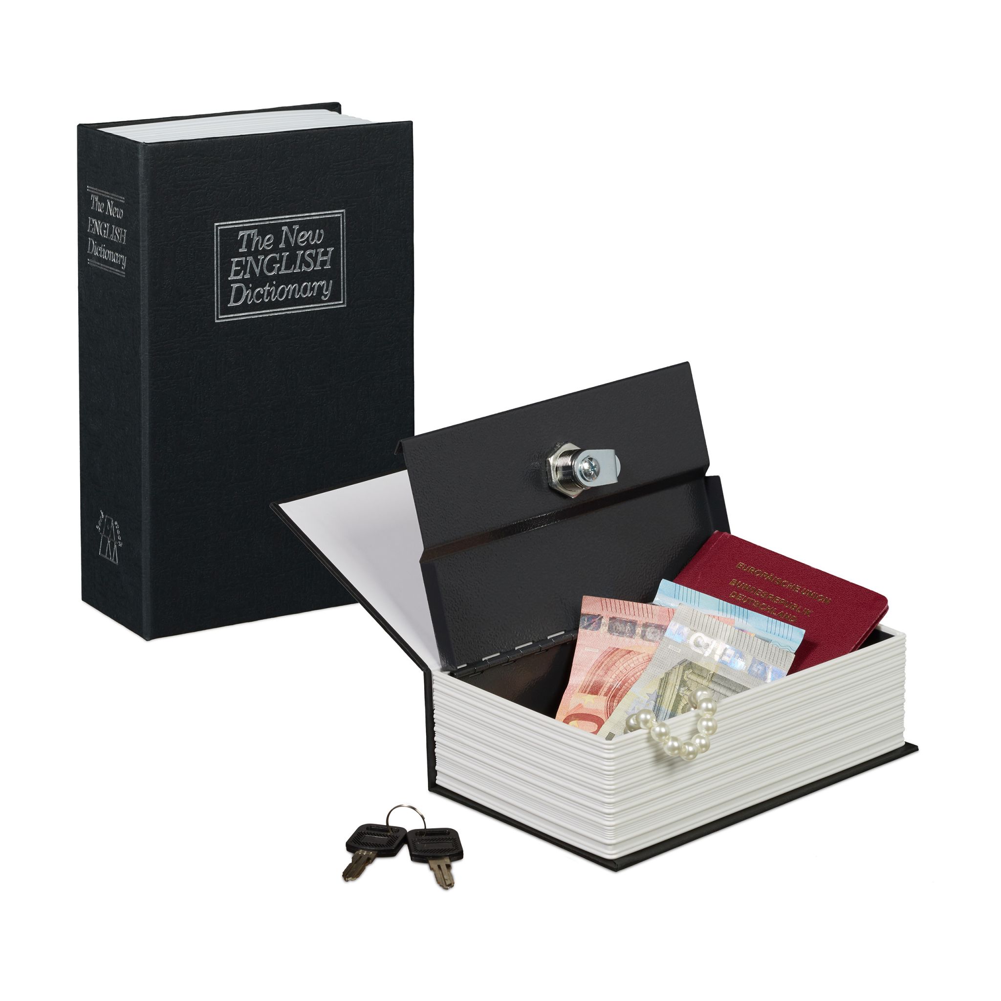 Buchtresor klein verschliessbar Weiss-Schwarz-Silber