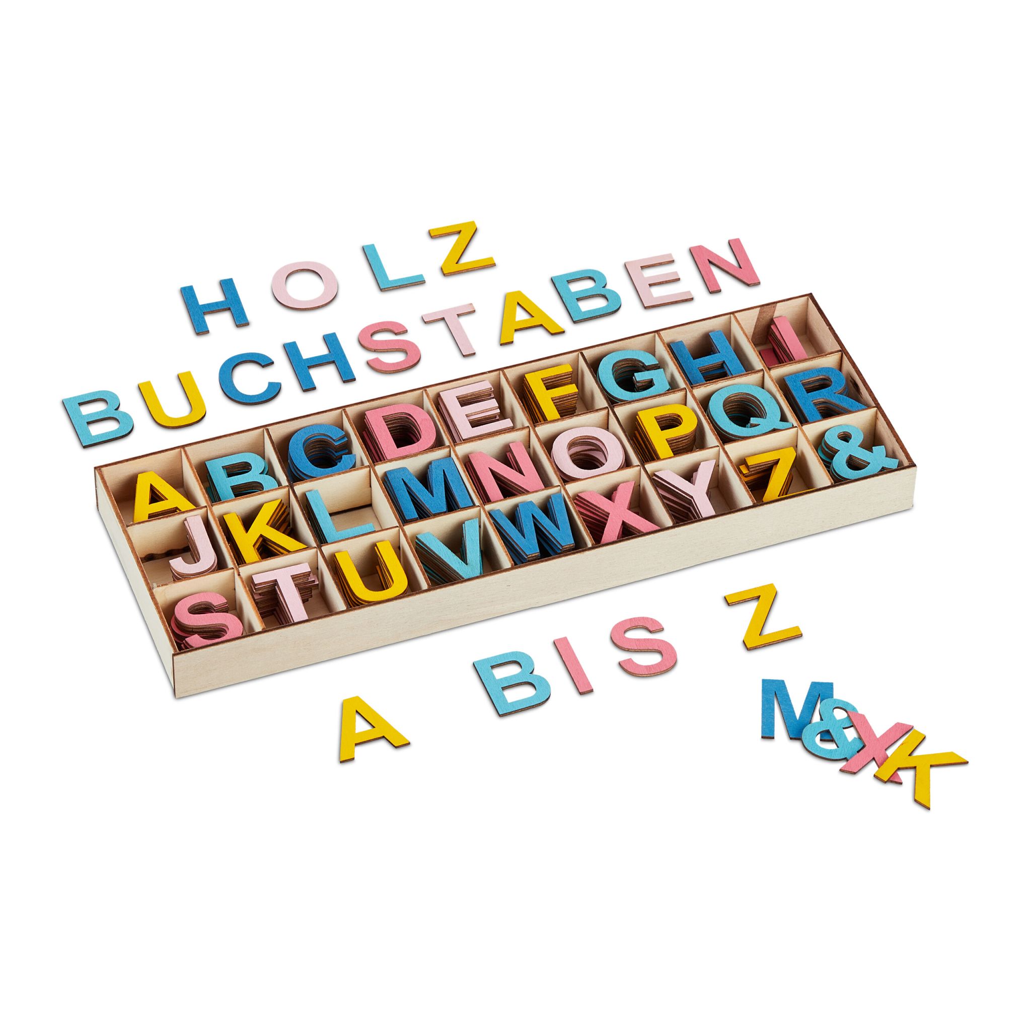 Holzbuchstaben 324er-Set Blau-Gelb-Rosa