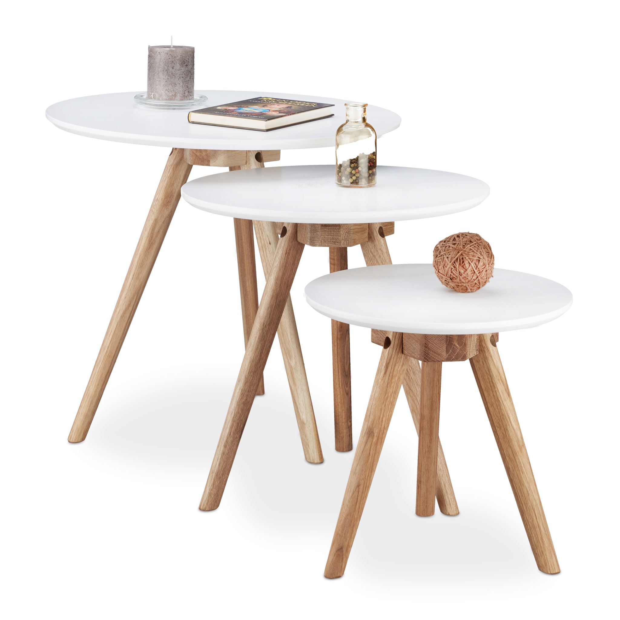 Beistelltisch 3er-Set Walnuss Weiss-Hellbraun