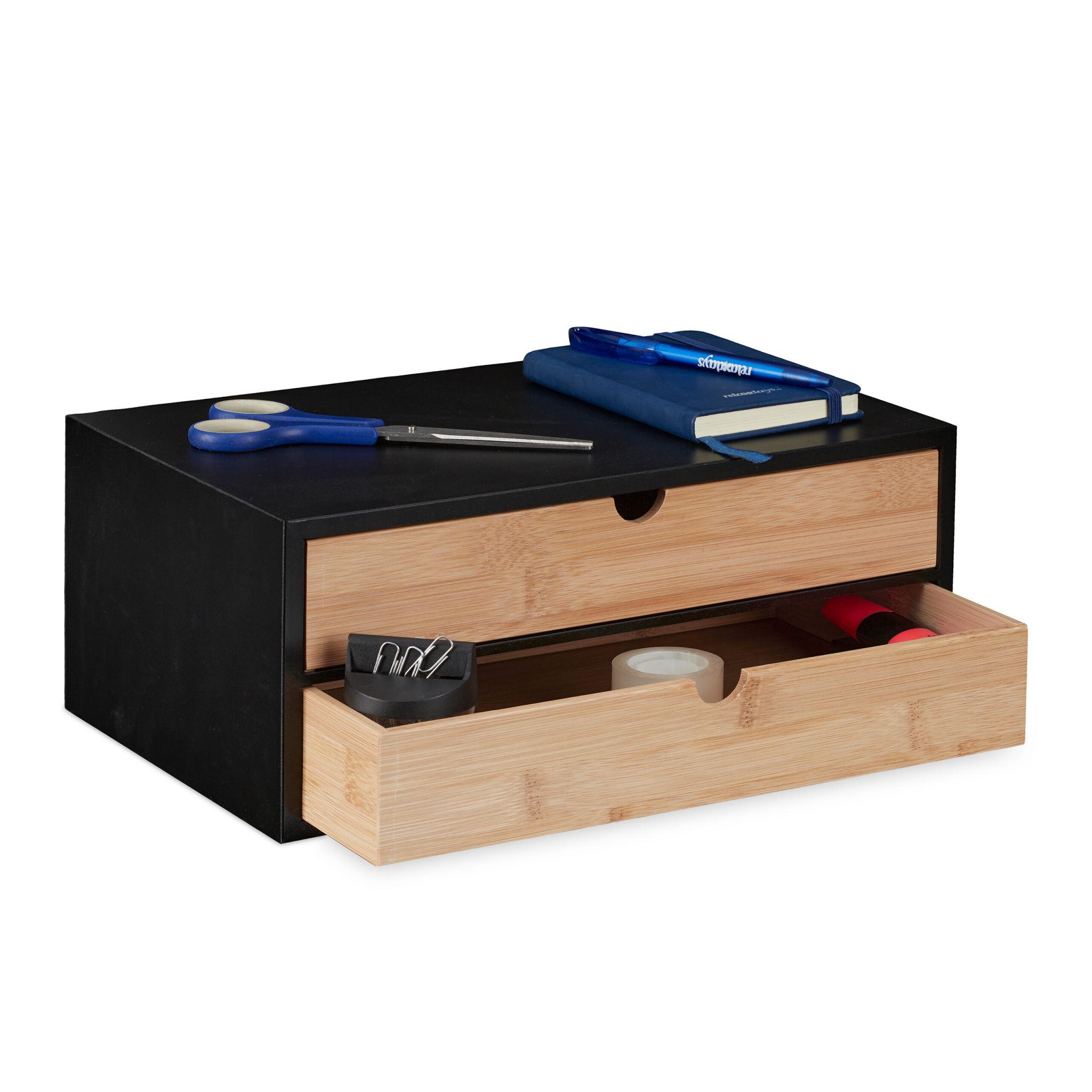Schubladenbox Bambus & MDF 2 Fächer Hellbraun-Schwarz