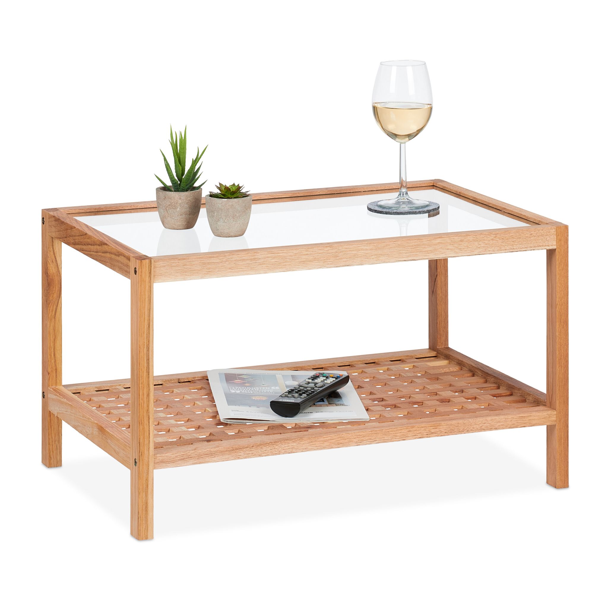 Beistelltisch Walnussholz mit Glasablage Hellbraun-Transparent