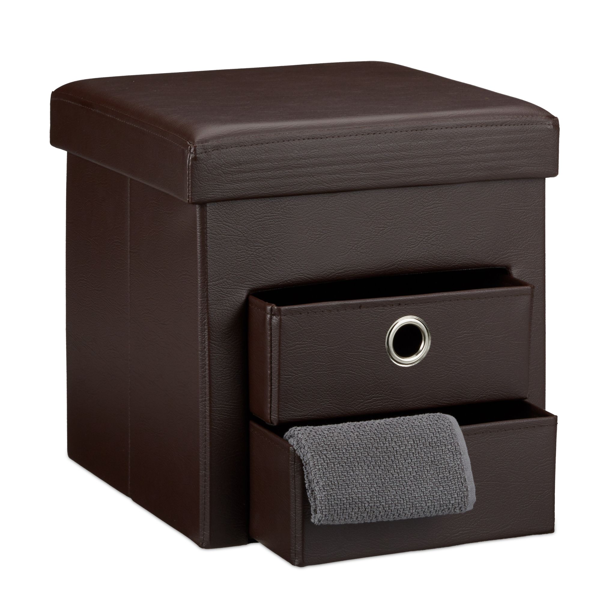 Sitzhocker Kunstleder mit 2 Fächern Dunkelbraun-Silber
