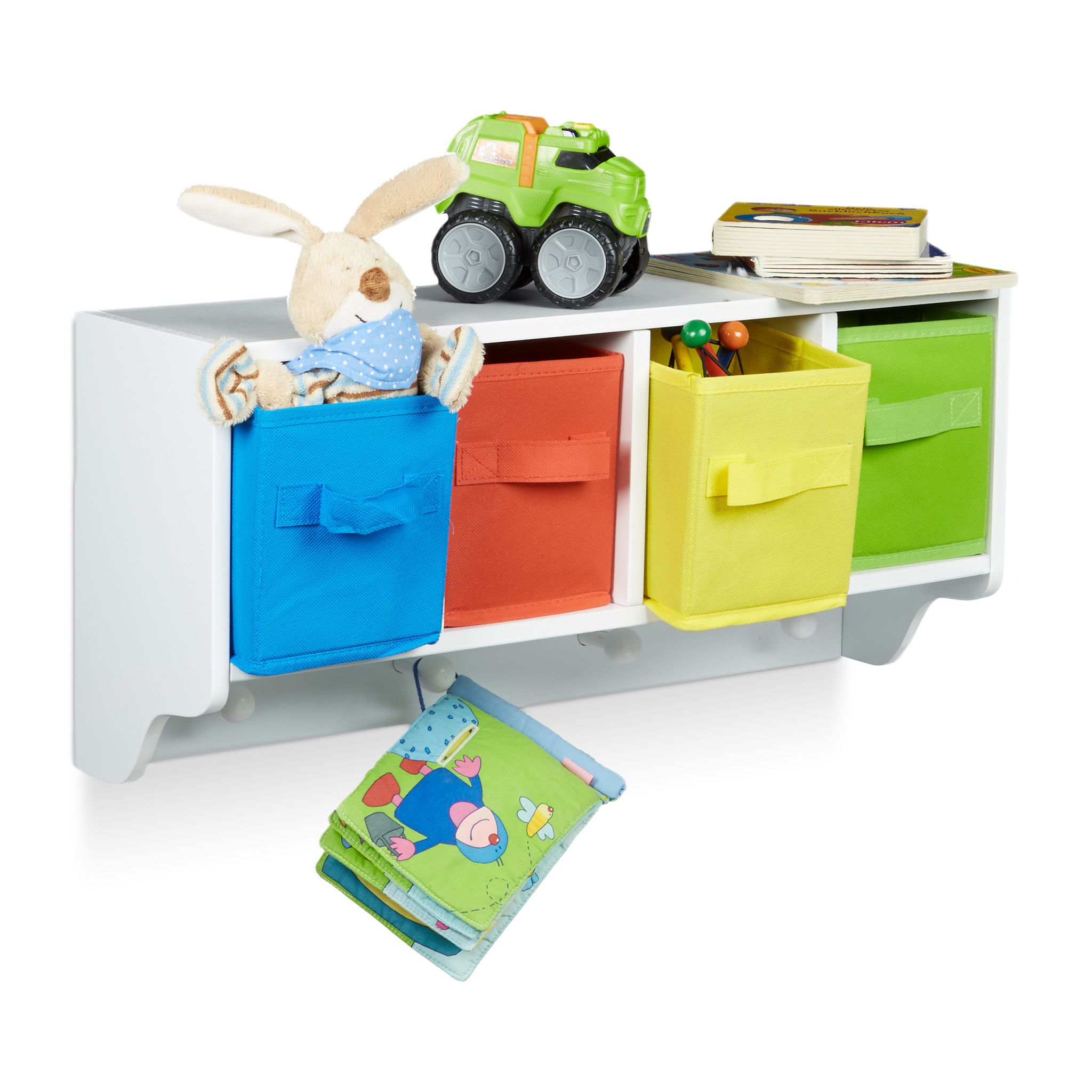 Kinder Wandregal mit Kleiderhaken ALBUS Weiss-Hellblau-Rot