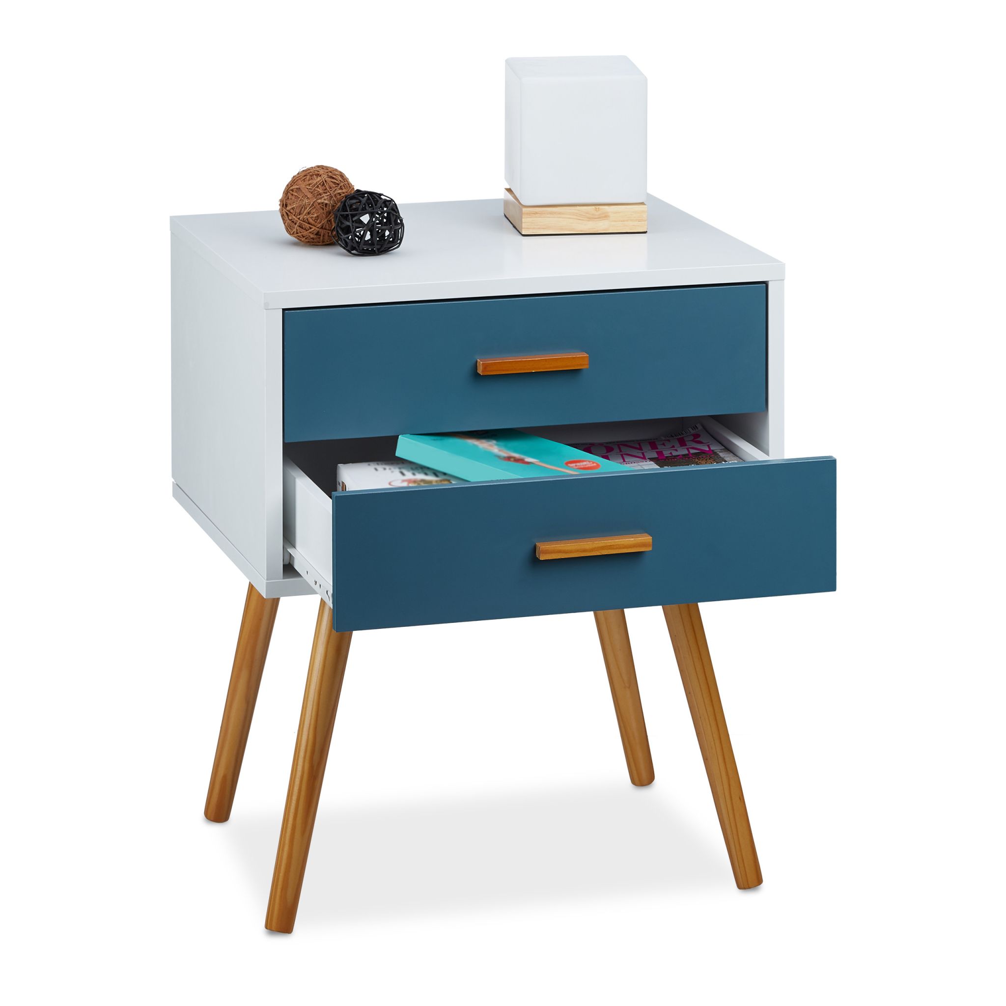 Beistellschrank Retro Weiss-Hellbraun-Türkis