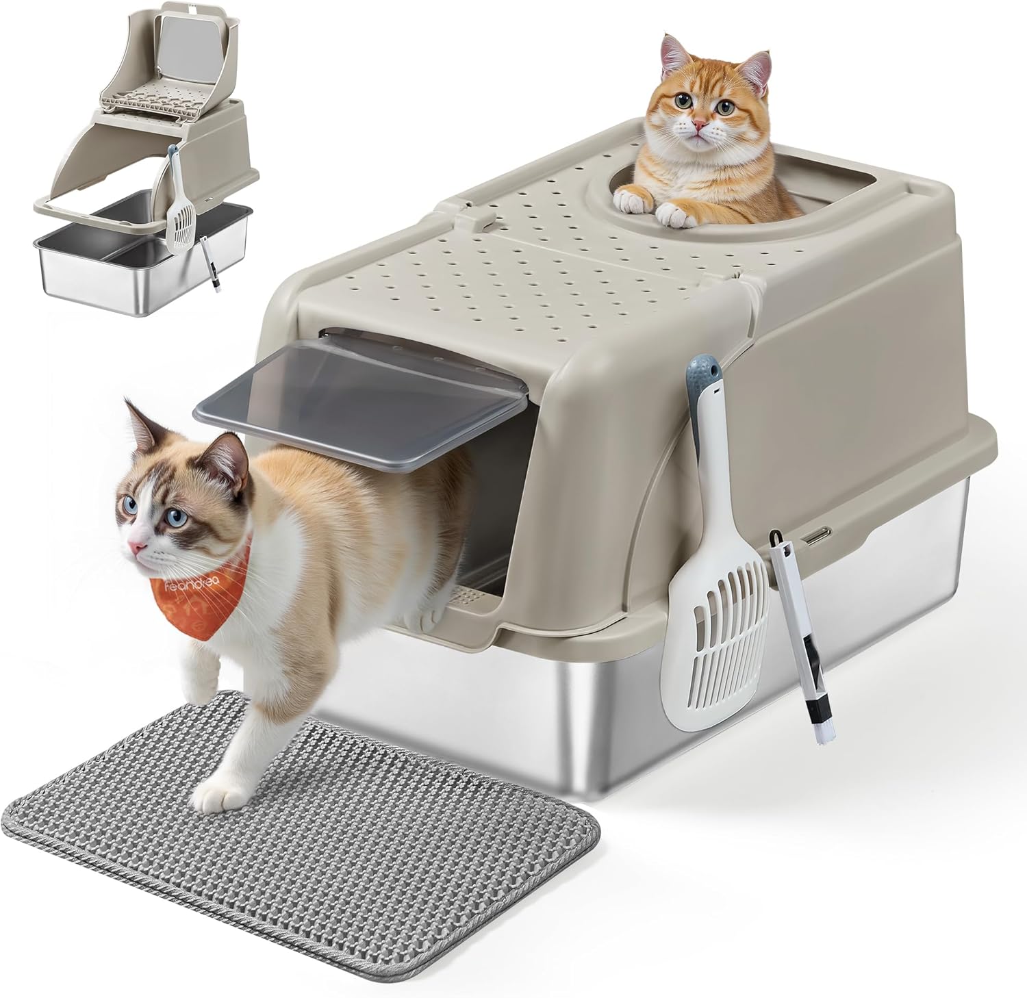 Katzentoilette XL Edelstahl mit Deckel und Schaufel beige