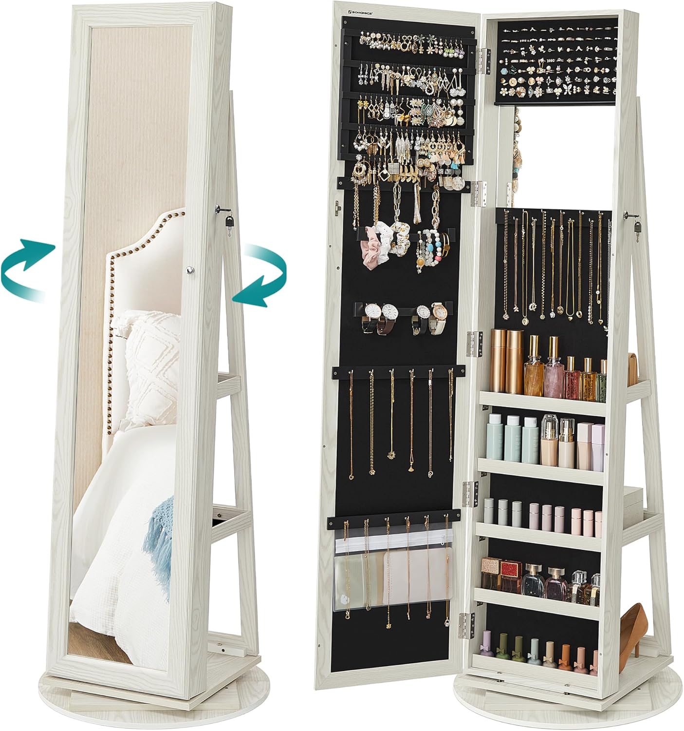 Schmuckschrank Standspiegel drehbar abschliessbar weiss grau