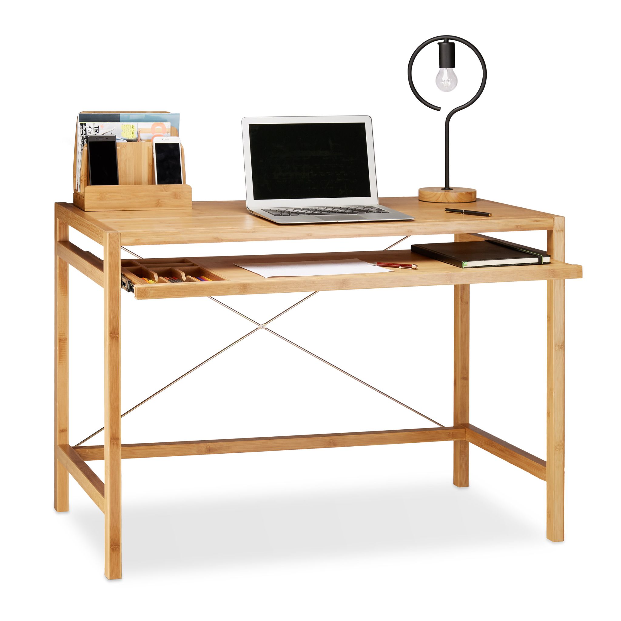 Computertisch Holz mit Tastaturauszug Hellbraun-Schwarz