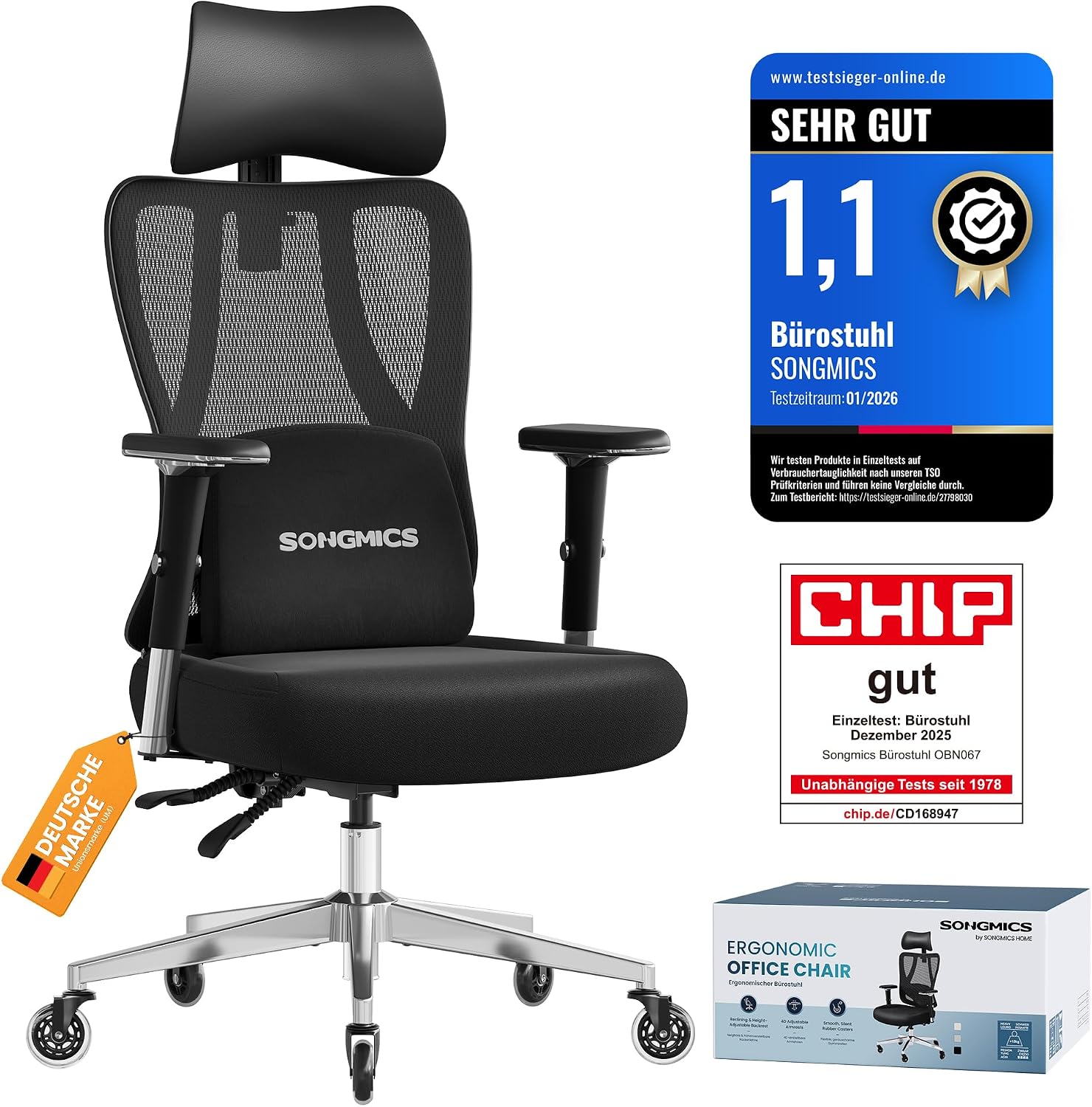 Ergonomischer Bürostuhl mit Kopf- und Lordosenstütze