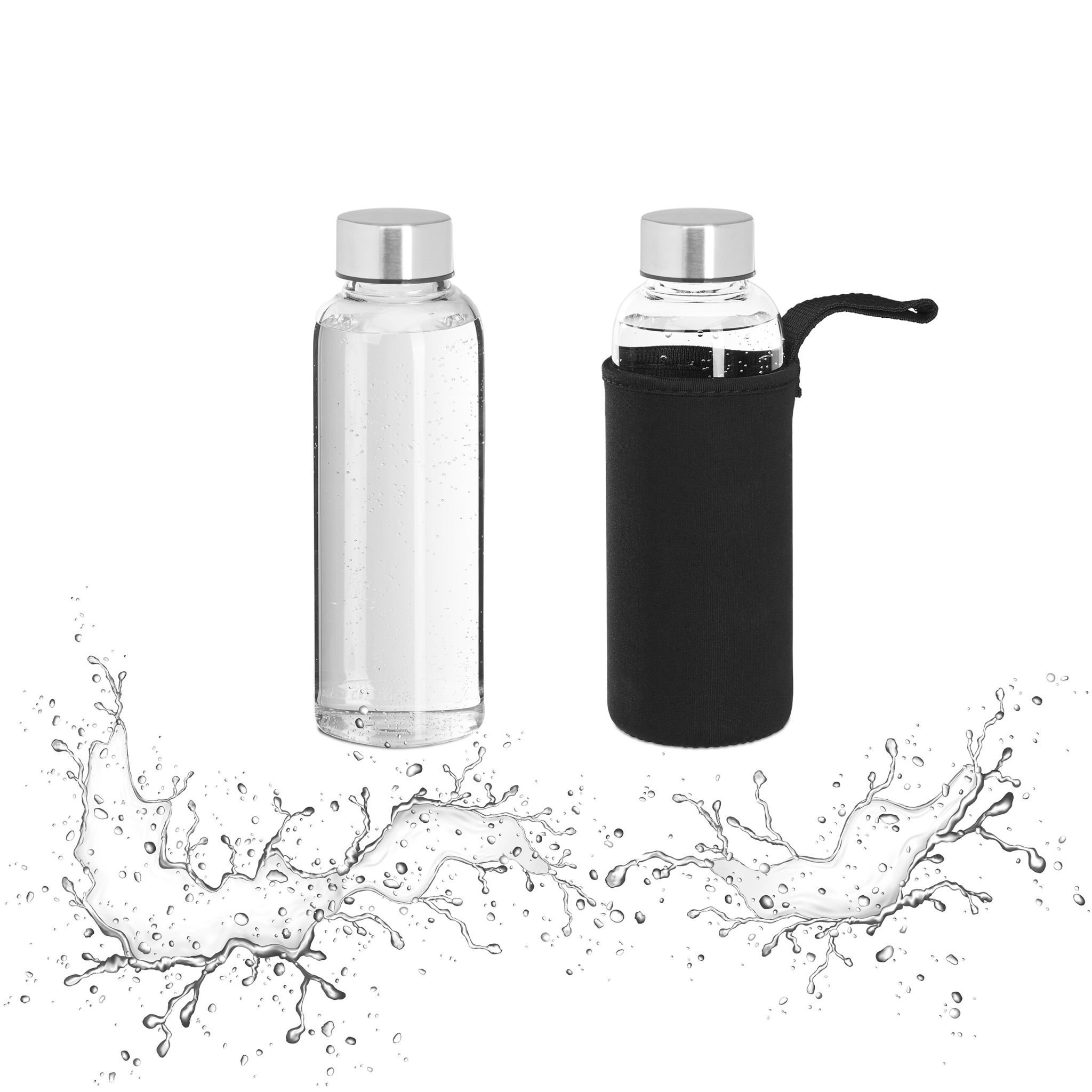 Trinkflasche Glas 360ml Schwarz-Silber-Transparent