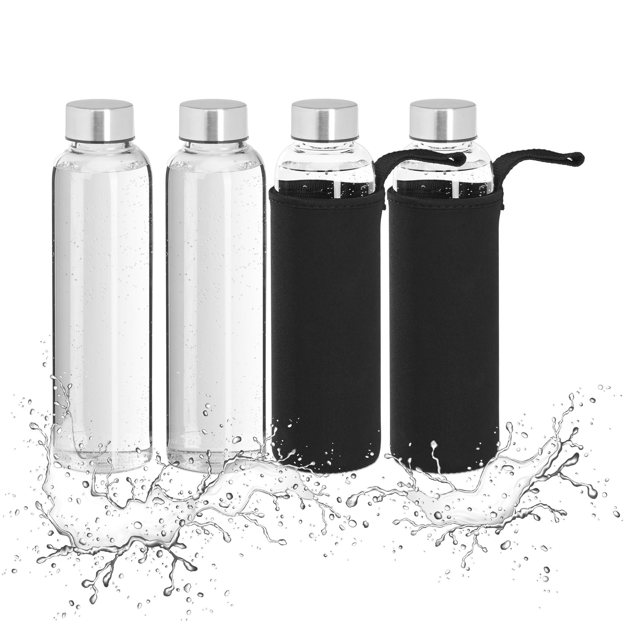 Trinkflasche 500ml 4er-Set Schwarz-Silber-Transparent
