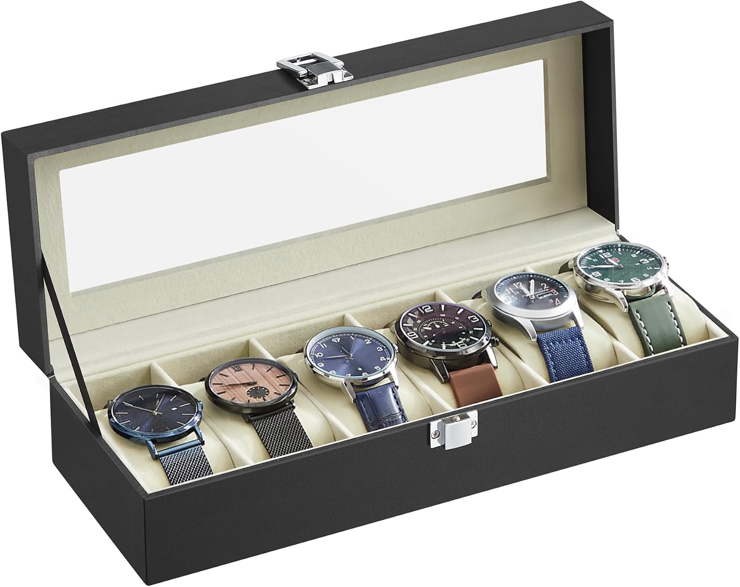 Uhrenbox 6 Fächer Uhrenorganizer Schwarz mit Glasdeckel