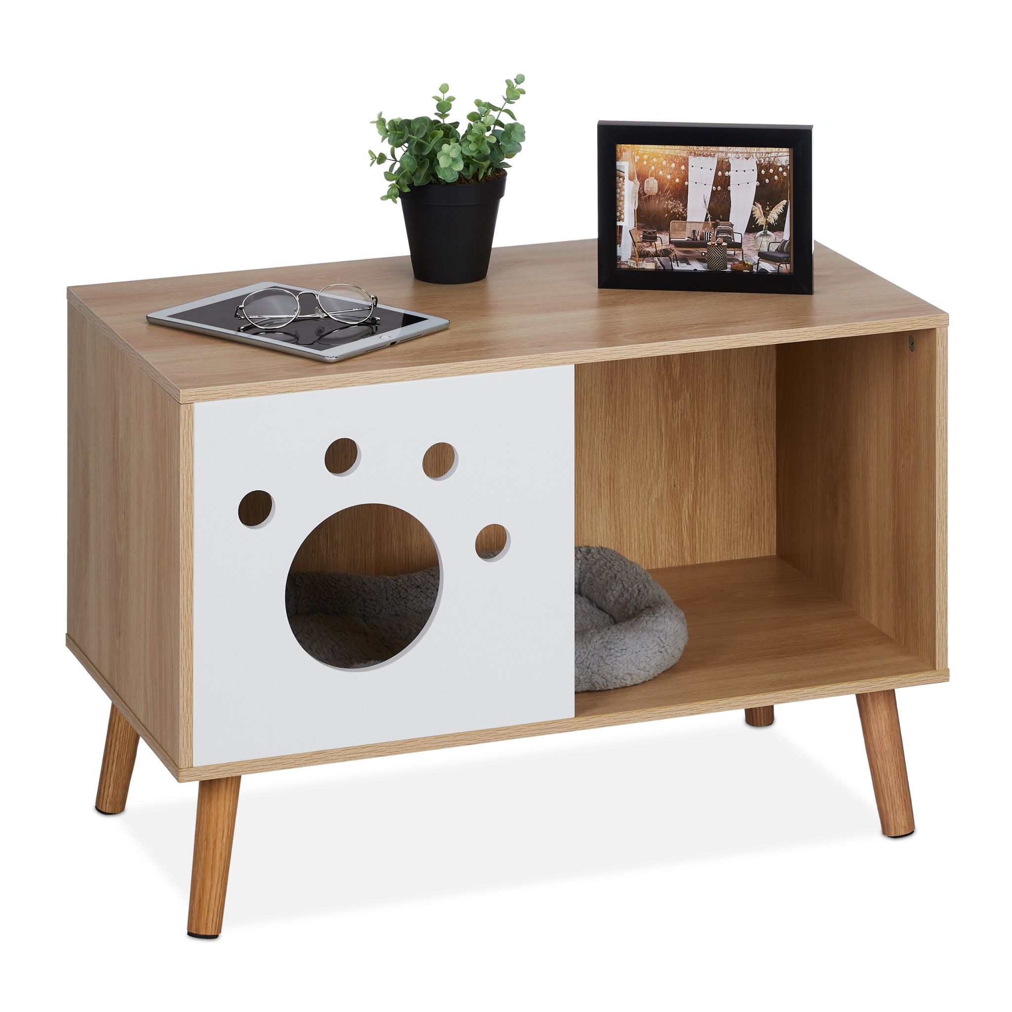 Katzenschrank mit Eingang Weiss-Hellbraun