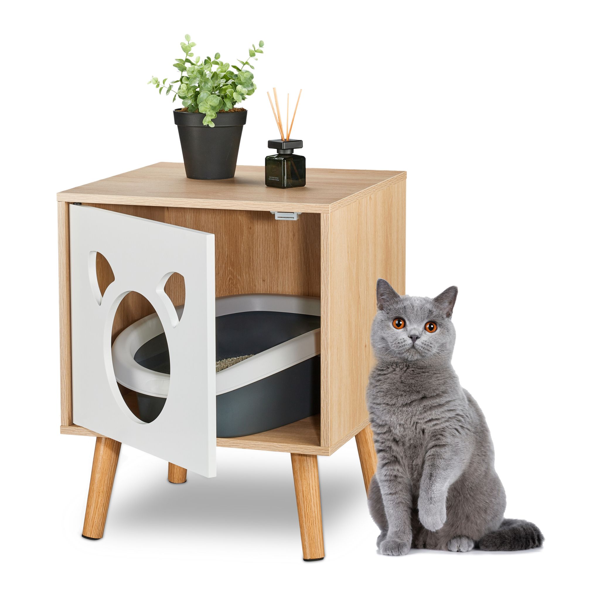 Katzenschrank mit aufklappbarer Tür Weiss-Hellbraun