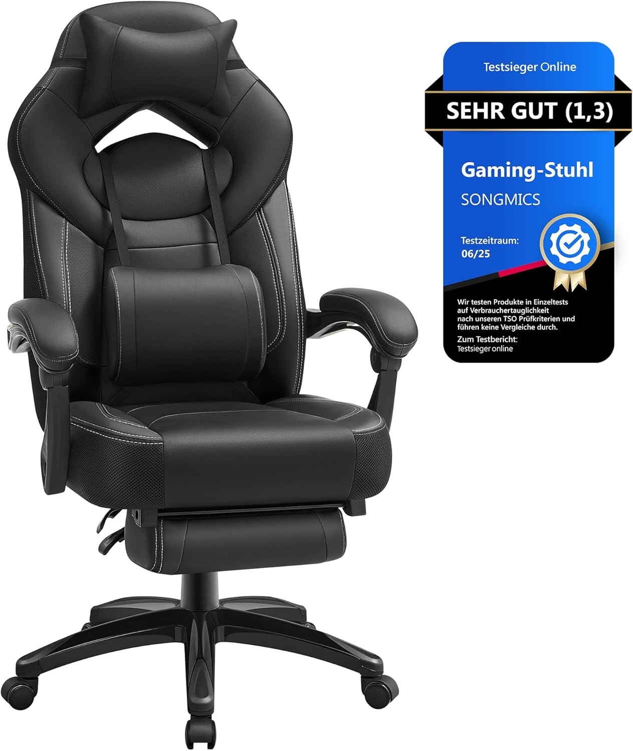 Gaming Stuhl mit Fussstütze und Lendenkissen bis 150 kg