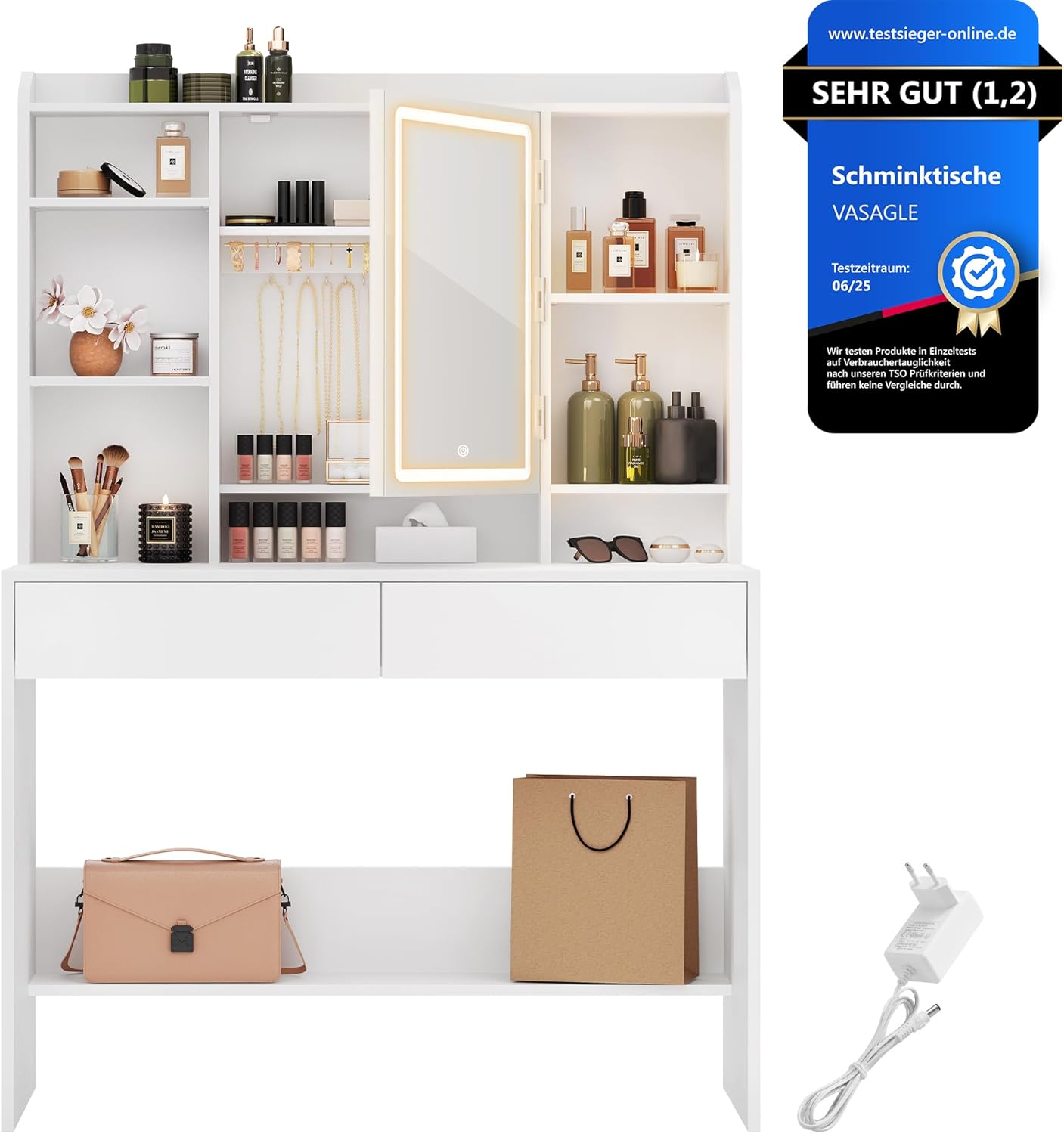 Schminktisch mit LED Spiegel 2 Schubladen verstellbar weiss